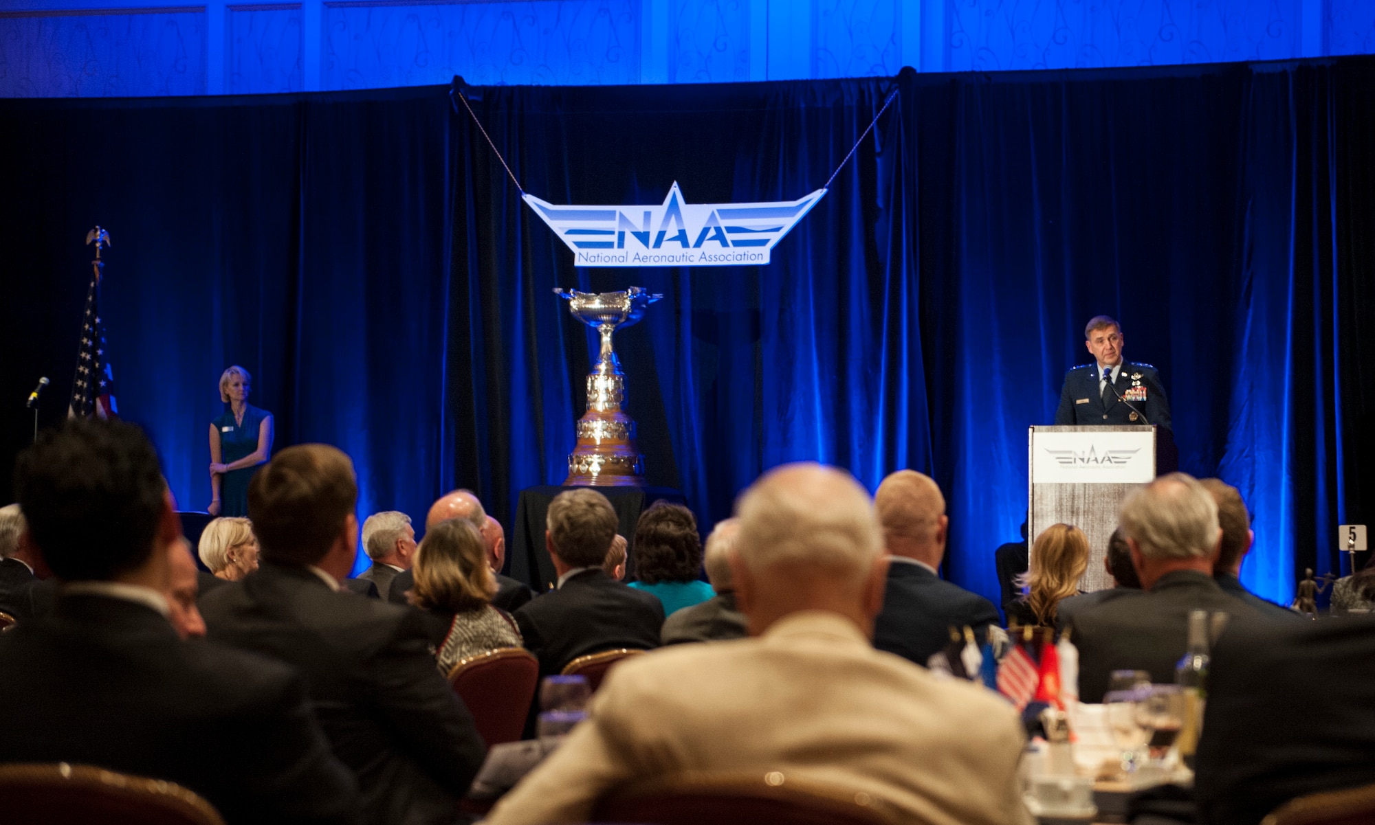 Air Force Assistant Vice Chief of Staff Lt. Gen. Stephen Hoog, gives remarks during the Mackay Trophy presentation, at Arlington, Va., Nov. 12, 2013. The trophy is awarded for the "most meritorious flight of the year" by an Air Force person, persons, or organization. (U.S. Air Force photo/Staff Sgt. Carlin Leslie)