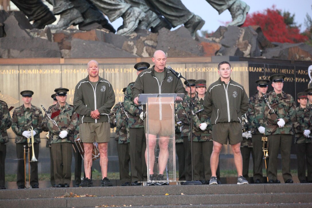 Sgt. Maj. Micheal P. Barrett, the 17th Sergeant Major of the Marine Corps, and wounded warriors Sgt. Isaac Gallegos and Cpl. Kyle Carpenter, lead Marines on a run to the Marine Corps War Memorial in Arlington, Va., on Nov. 8, 2013, in celebration of the Marine Corps’ 238th birthday. (U.S. Marine Corps photo by Sgt. Marionne T. Mangrum)