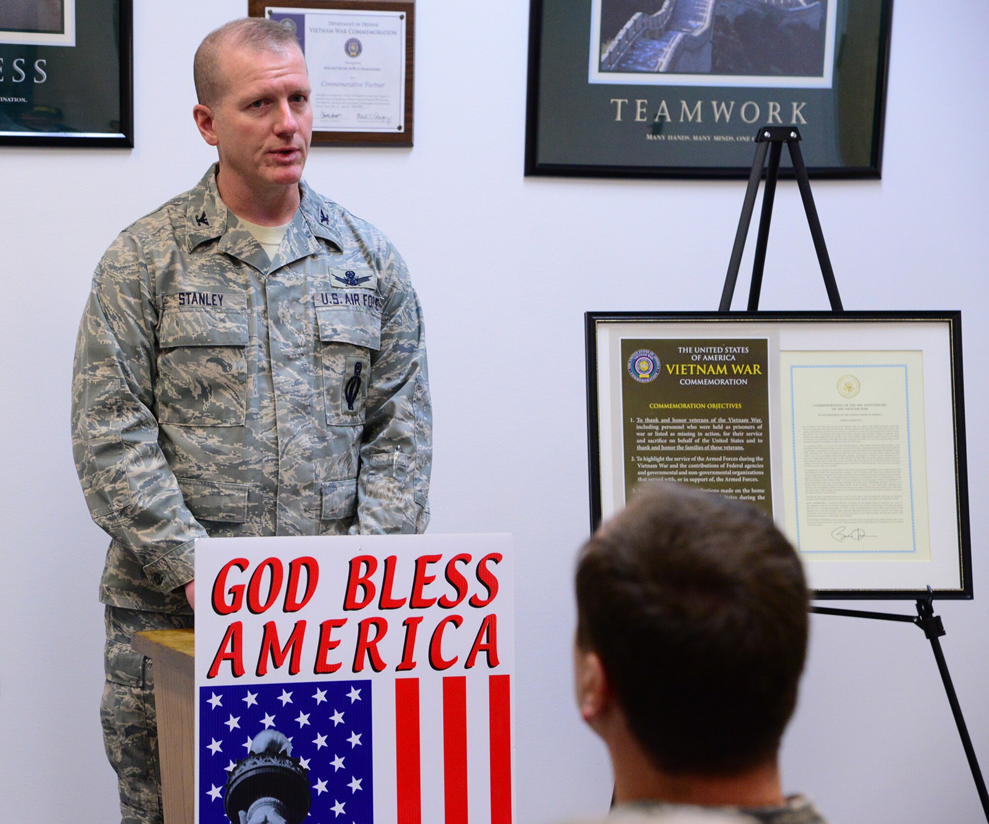 Col. Robert Stanley, 341st Missile Wing commander, gives a speech during Malmstrom’s Vietnam War commemoration and flag presentation ceremony at the base commissary Nov. 8. Throughout the Vietnam War, 58,220 American service members paid the ultimate sacrifice and 303,644 soldiers were wounded. (U.S. Air Force photo/Airman 1st Class Collin Schmidt)