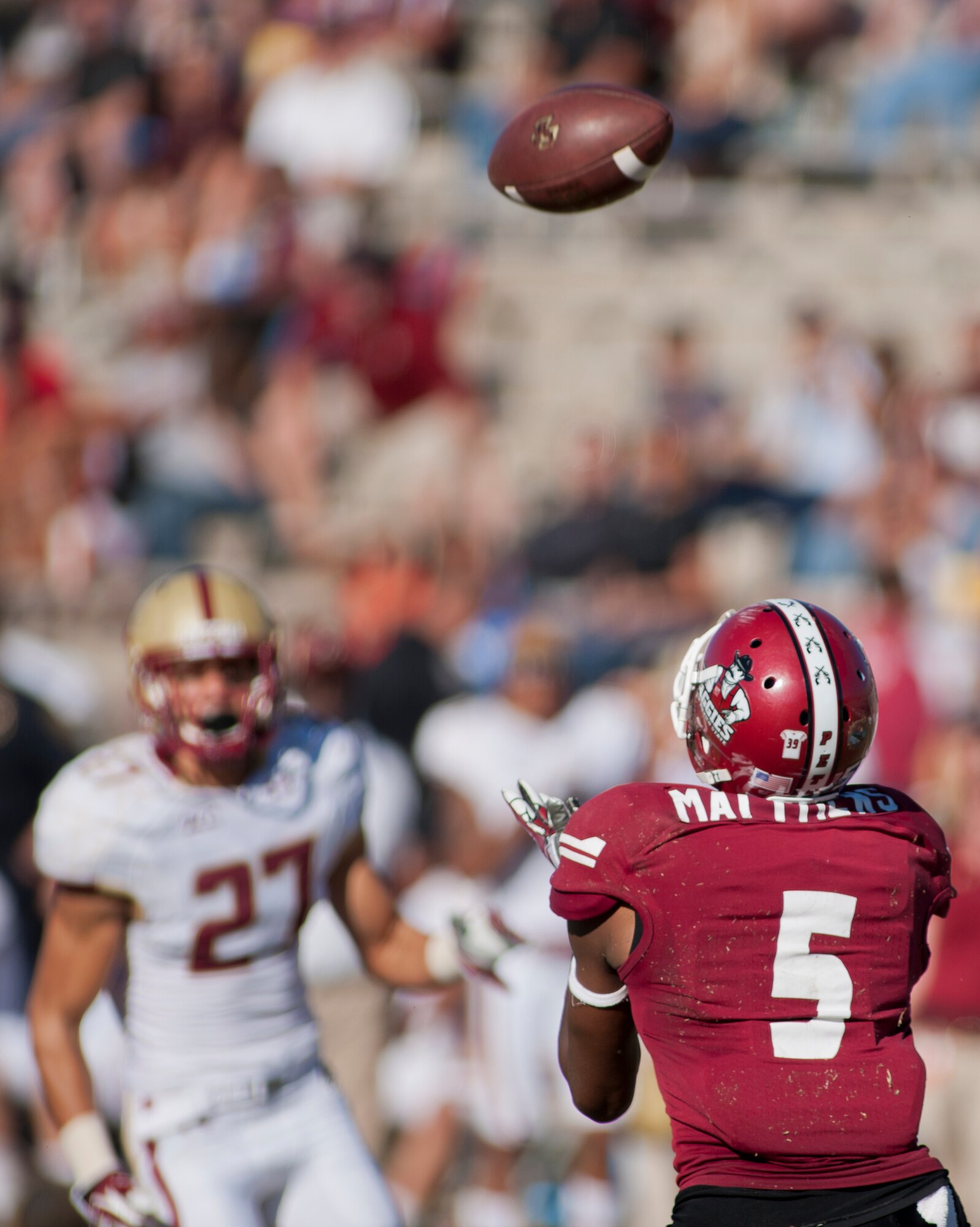 The New Mexico State University football team squares off against Boston College during their annual military appreciation game, which honored current and past military veterans at Aggie Memorial Stadium in Las Cruces, N.M., Nov. 9. The NMSU athletic director presented several awards to military members who attended the game. (U.S. Air Force photo by Airman 1st Class Aaron Montoya/Released)