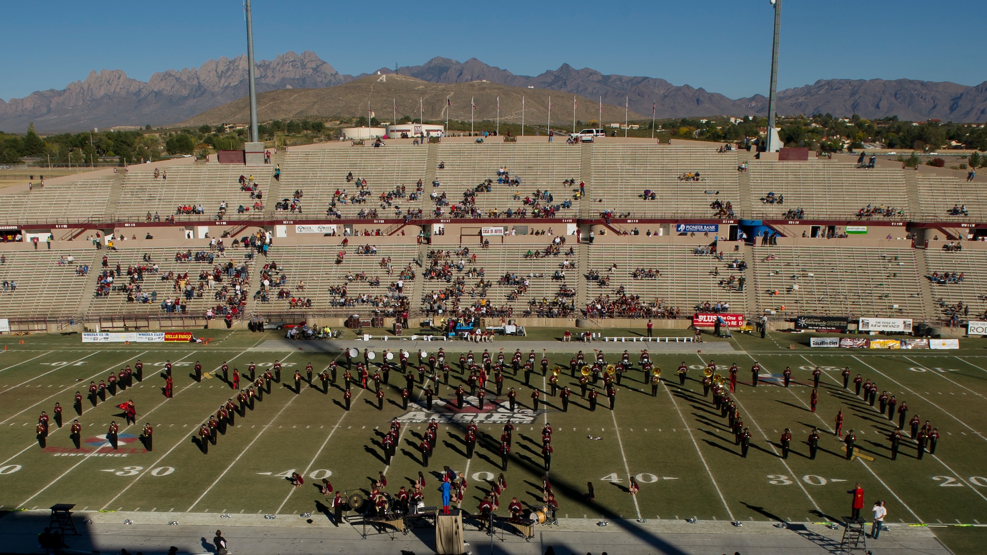 The Pride of New Mexico Marching Band performs during the halftime show at Aggie Memorial Stadium in Las Cruces, N.M., Nov. 9. NMSU hosted Boston College for their annual military appreciation game, which honored current and past military veterans. (U.S. Air Force photo by Airman 1st Class Aaron Montoya/Released)
