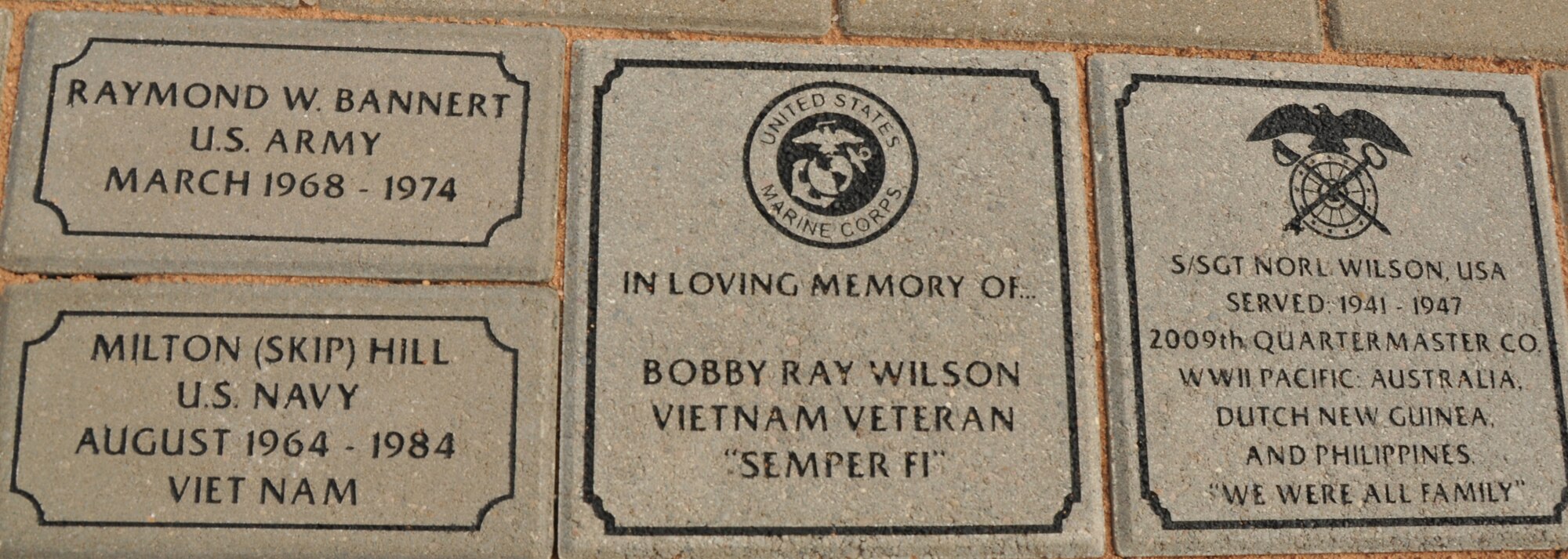 SAN ANGELO, Texas –These four paving stone were added to the Mathis Field Vietnam Veterans Memorial during the Veterans Day observance Nov. 11. These paving stones now rest with dozens of other bricks symbolizing veterans of past wars. (U.S. Air Force photo/ Airman 1st Class Joshua Edwards)