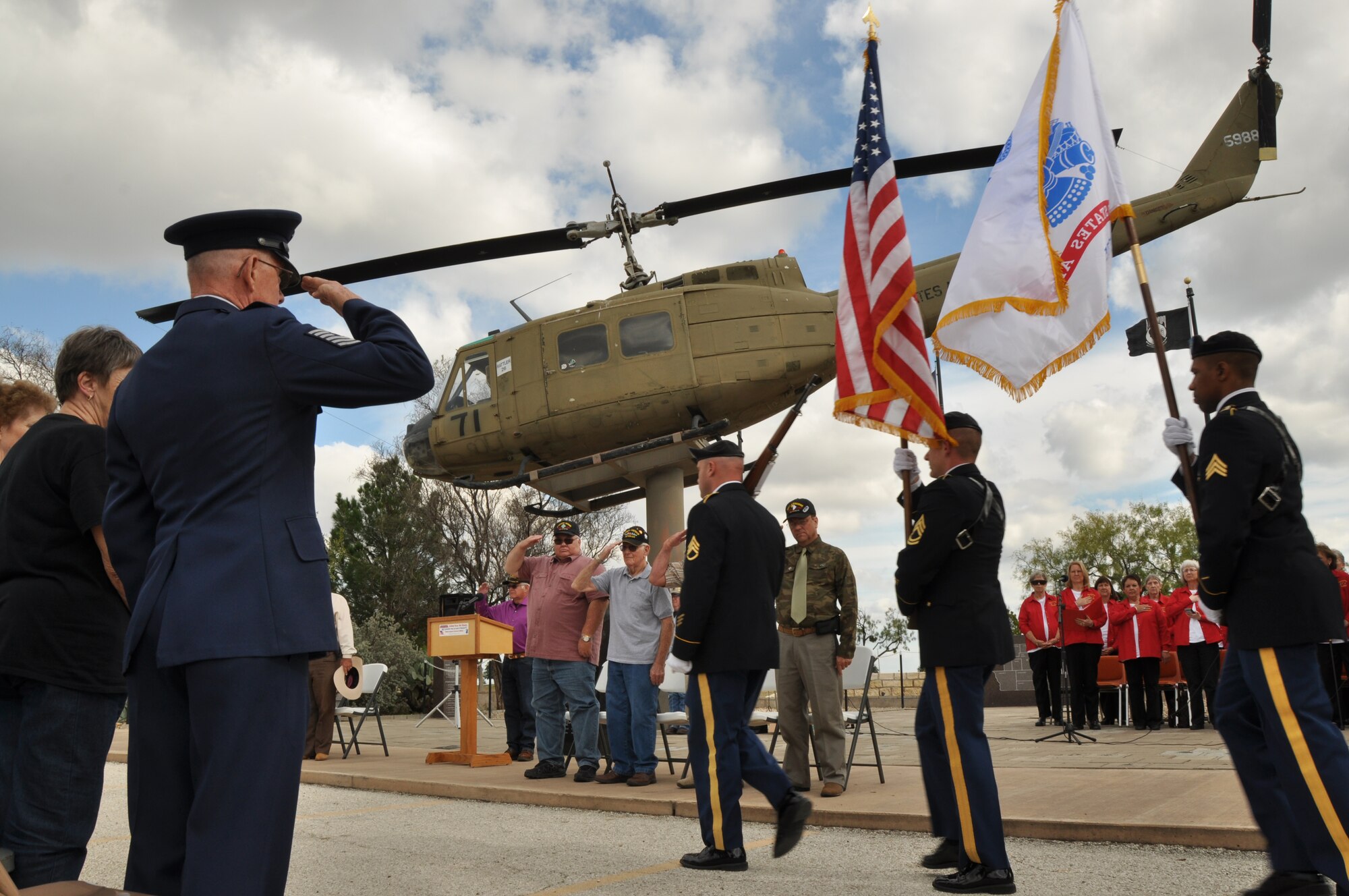 SAN ANGELO, Texas - The Goodfellow Joint Service Color Guard marches to the front of the Mathis Field Vietnam Memorial during the Veterans Day observance Nov. 11. The color guard posted the colors in honor of veterans both past and present.  (U.S. Air Force photo/ Airman 1st Class Joshua Edwards)