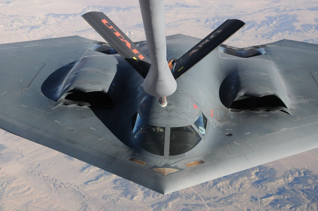 The Spirit of Pennsylvania, a B-2 Spirit bomber, is refueled inflight by a KC-135 Stratotanker from the Utah Air National Guard in Salt Lake City, on November 3, 2013, somewhere over Colorado.

(U.S. Air National Guard photo by Senior Master Sergeant Gary J. Rihn)(RELEASED)