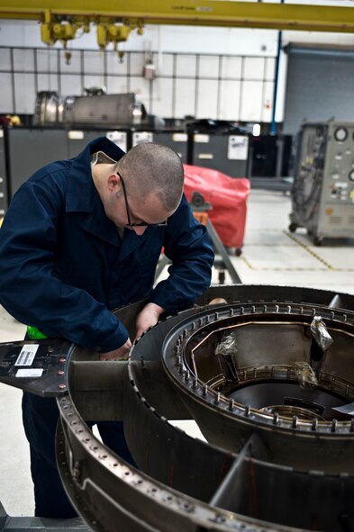 U.S. Air Force Senior Airman Heath Tucker, 7th Component Maintenance Squadron, prepares to do a pressure check on a component of a General Electric F101-102 turbofan jet engine from a B-1B Lancer, Nov. 13, 2013, at Dyess Air Force Base, Texas. The U.S. Air Force accepted the first B-1B with the F101-102 engine in 1985 and the last of 469 F101-102 engines was produced in December 1987. (U.S. Air Force photo by Staff Sgt. Richard Ebensberger/Released)