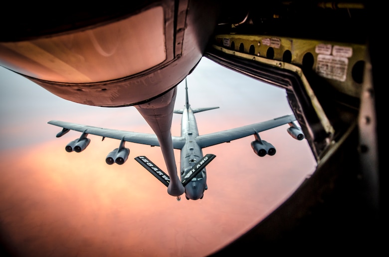 Members of the 128th Air Refueling Wing, Milwaukee, Wisc. refuel a B-52 Stratofortress during a training exercise Nov. 3, 2013.   (U.S. Air Force photo by Tech. Sgt. Thomas J. Sobczyk/Released)