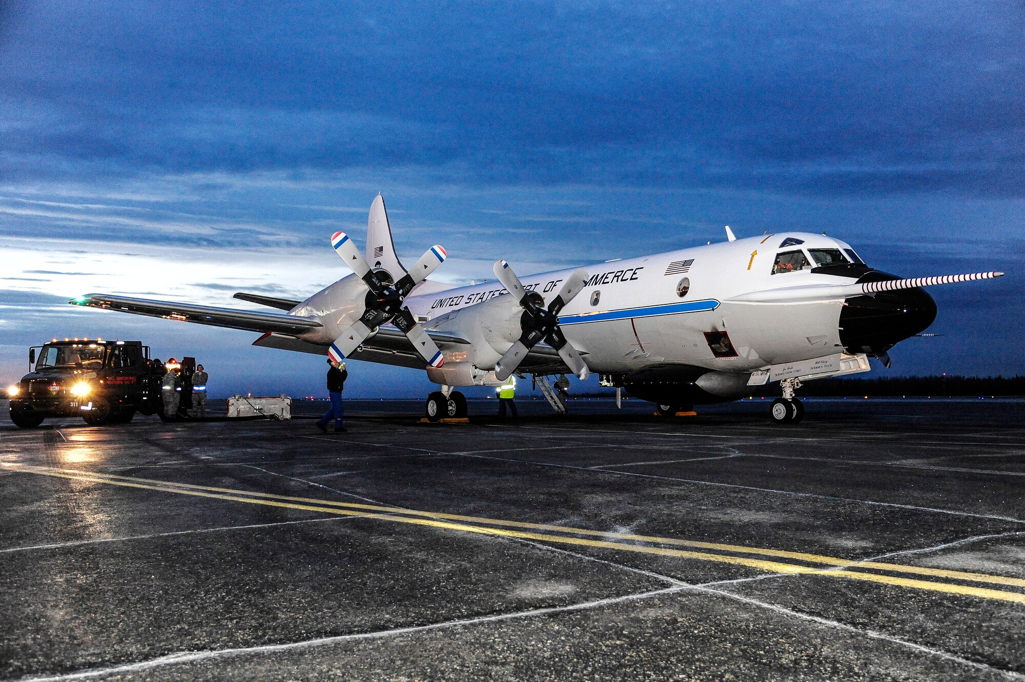 A National Oceanic and Atmospheric Administration’s WP-3D Orion is refueled prior to takeoff Oct. 30, 2013, Eielson Air Force Base, Alaska. NOAA was based at Eielson while performing Arctic missions over the Chukchi and Beaufort Seas. (U.S. Air Force photo by Senior Airman Zachary Perras/Released)