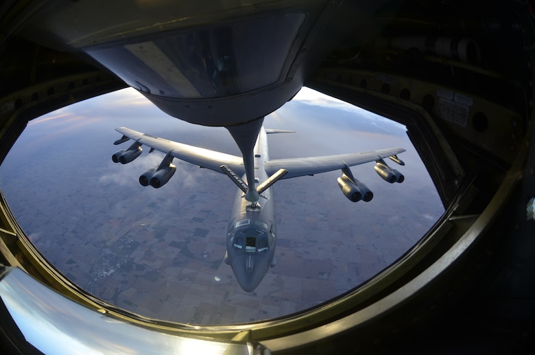 Members of the 128th Air Refueling Wing, Milwaukee, Wisc. refuel a B-52 Stratofortress during a training exercise Nov. 3, 2013.   (U.S. Air Force photo by Staff Sgt. Jenna Hildebrand/Released)