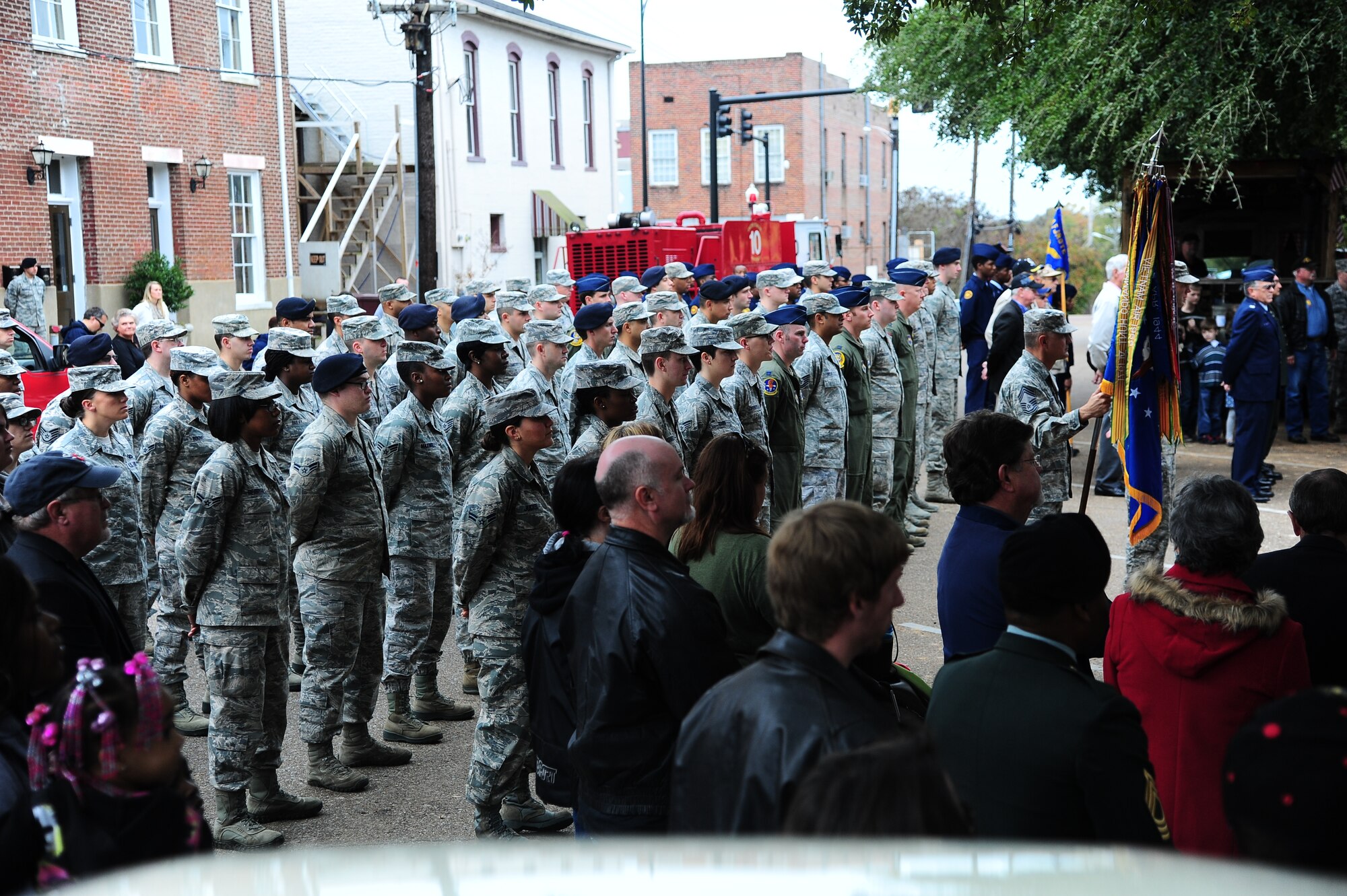 Awaiting the beginning of the wreath laying ceremony, a formation of over 50 Airmen stand at parade rest at the Veterans Day Parade and Ceremony in Downtown Columbus Nov. 9. (U.S. Air Force Photo/Airman 1st Class Stephanie Englar)