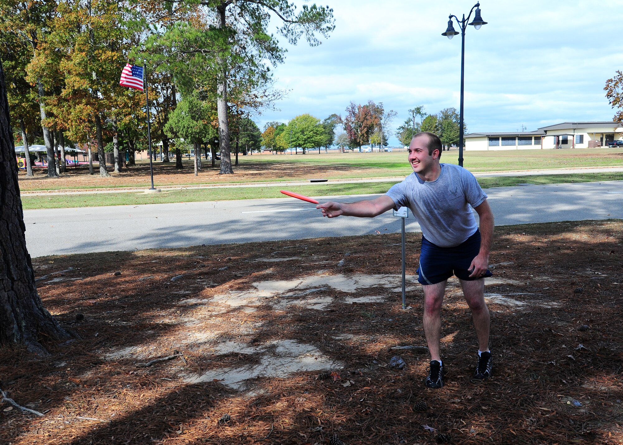 Senior Airman Daniel Schon plays disc golf Nov. 12 on the course on Columbus AFB. Schon plays disc golf to relax and enjoy the great outdoors. (U.S. Air Force Photo/Airman Daniel Lile)