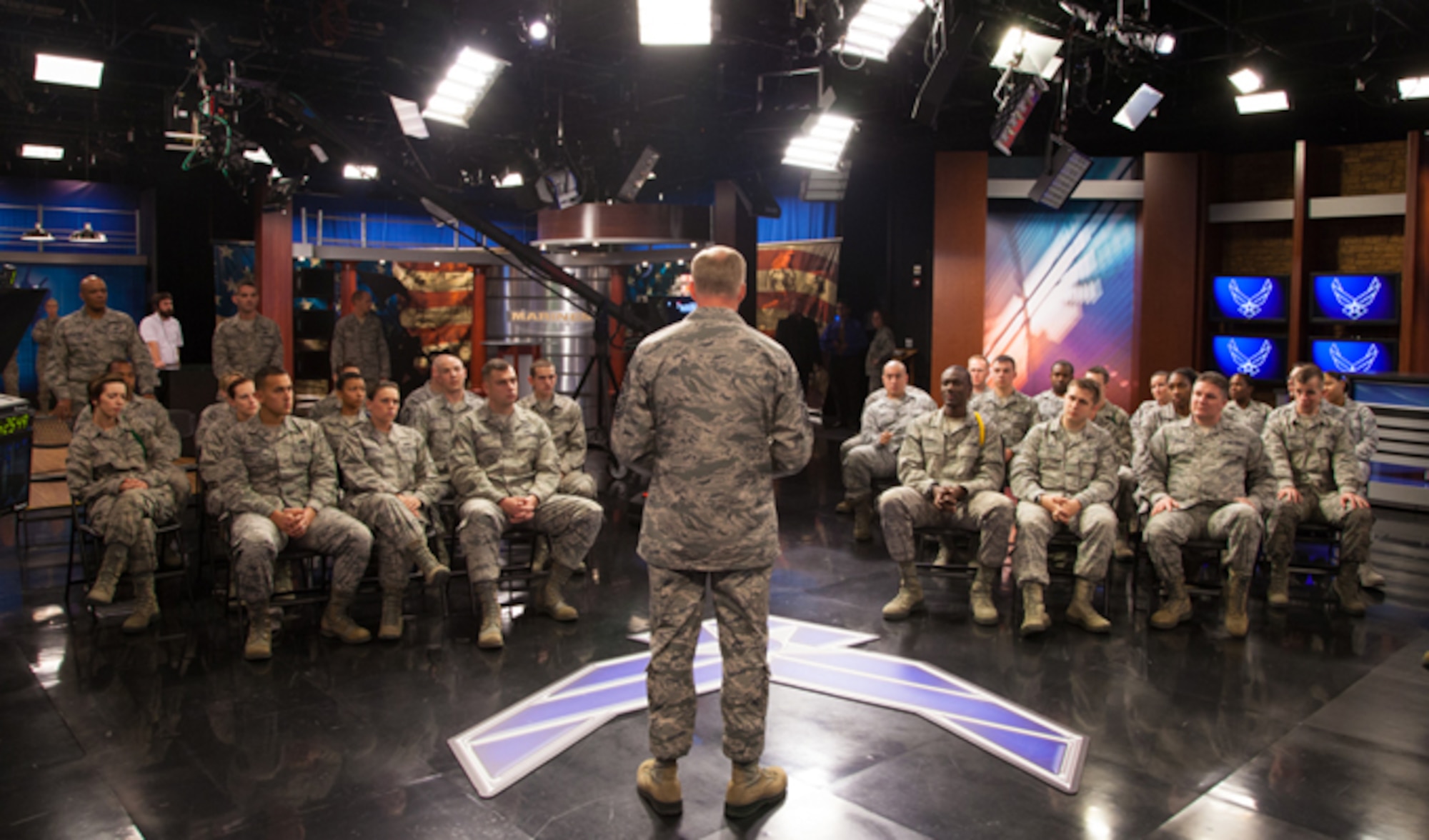 Chief Master Sergeant of the Air Force James A. Cody speaks to Airman during a worldwide CHIEFchat Nov. 12, 2013, at the Defense Media Activity at Fort George G. Meade, Md. During the meeting Airmen submitted questions to the chief through social media, prerecorded video submissions and live in the studio. (U.S. Air Force photo/Master Sgt. Lee Hoover)