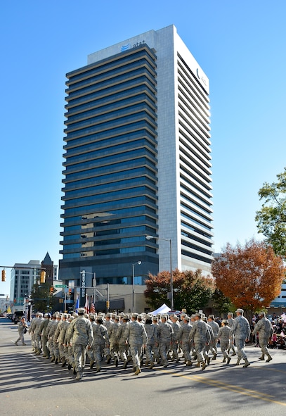 Members from the 117th Air Refueling Wing march in the 2013 National Veterans Day Parade in Birmingham, Alabama. The Birmingham National Veterans Day Parade which began in 1947 is the nation’s oldest and longest Veterans Day Parade. (U.S. Air National Guard photo by Master Sgt. Ken Johnson/Released)