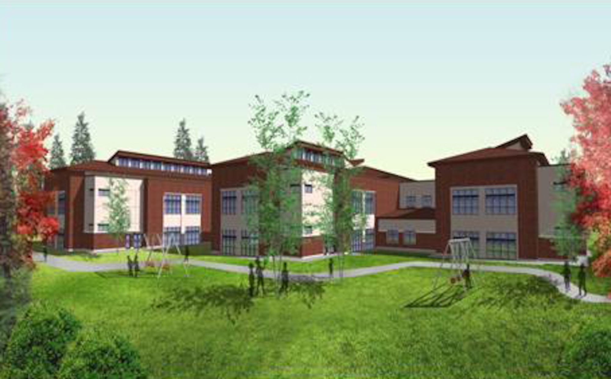 An artist’s concept of the new elementary school is displayed during a groundbreaking ceremony at Osan Air Base, Republic of Korea, Nov. 13, 2013. The two-story building will be in compliance with Department of Defense Antiterrorism and Force Protection requirements in addition to being eligible for a “silver” rating with the Leadership in Energy and Environmental Design. (Courtesy photo)