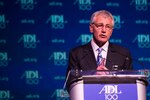 Secretary of Defense Chuck Hagel speaks at the centennial dinner for the Anti-Defamation League in New York City, Oct 31, 2013. Hagel addressed the repeal of the Defense of Marriage act.