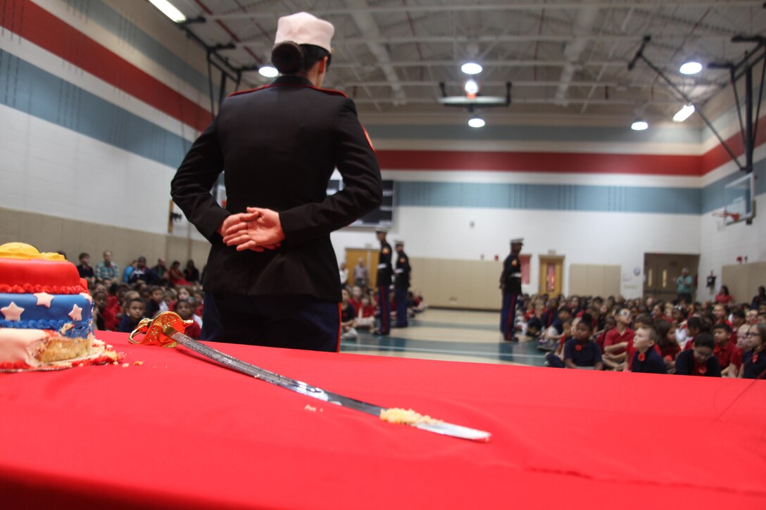 Military children throughout the Tri-Command celebrated the 238th Anniversary of the Marine Corps during a cake cutting ceremony held at Bolden Elementary Middle School aboard Laurel Bay, Nov. 7.