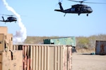 Two Texas Army National Guard Uh-60 Black hawks conduct training missions during a Red Flag exercise March 2-6, 2011. The Black hawks were preparing to insert the Czech/US Multi-National Assault Force near the enemy village, amid heavy surface to air fire.