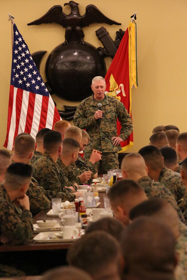 Lt. Gen. Kenneth Glueck, deputy commandant, Combat Development and Integration, commanding general, Marine Corps Combat Development Command; talks to lieutenants at The Basic School on Nov. 12, 2013. Glueck also answered questions after sharing breakfast with the students prior to their graduation, Nov. 26, 2013.