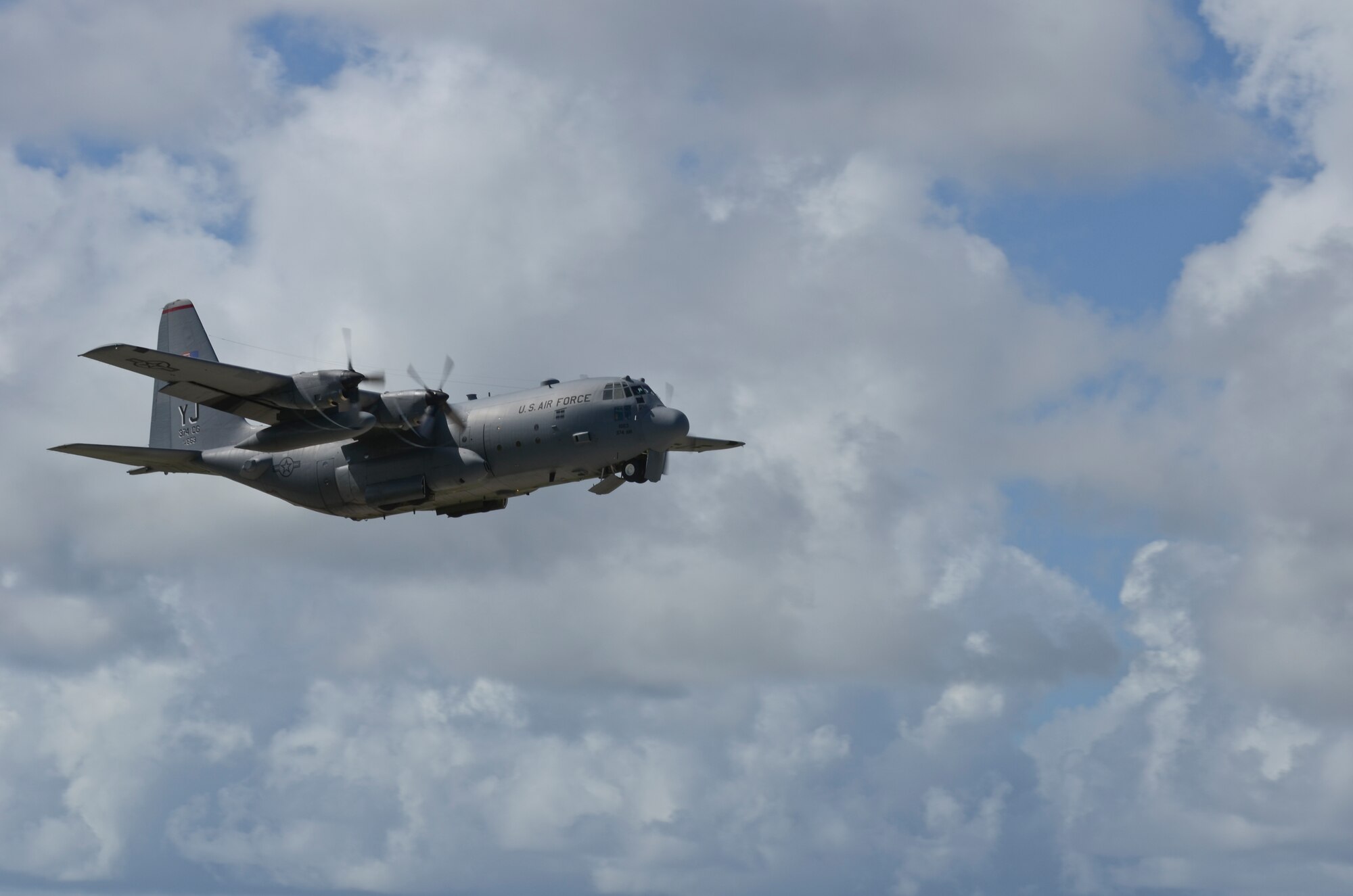 A C-130 Hercules takes off from Andersen Air Force Base, Guam, Nov. 14, 2013, transporting Airmen and equipment in support of Operation Damayan. Operation Damayan is a U.S. humanitarian aid and disaster relief effort to support the Philippines in the wake of the devastating effects of Typhoon Haiyan. (U.S. Air Force photo by Senior Airman Marianique Santos/Released)
