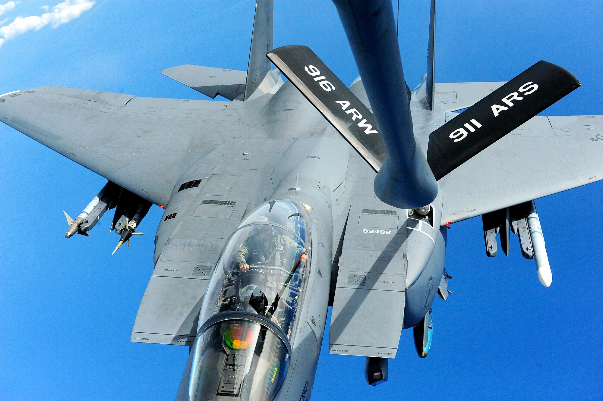 An F-15E Strike Eagle assigned to Seymour Johnson Air Force Base, N.C., receives fuel from a KC-135R Stratotanker during Exercise RAZOR TALON, Nov. 15, 2013. The joint-service exercise was established by the 4th Fighter Wing in March 2011 to provide unique and cost-efficient training operations for units along the East Coast.  (U.S. Air Force photo by Airman 1st Class Brittain Crolley) 