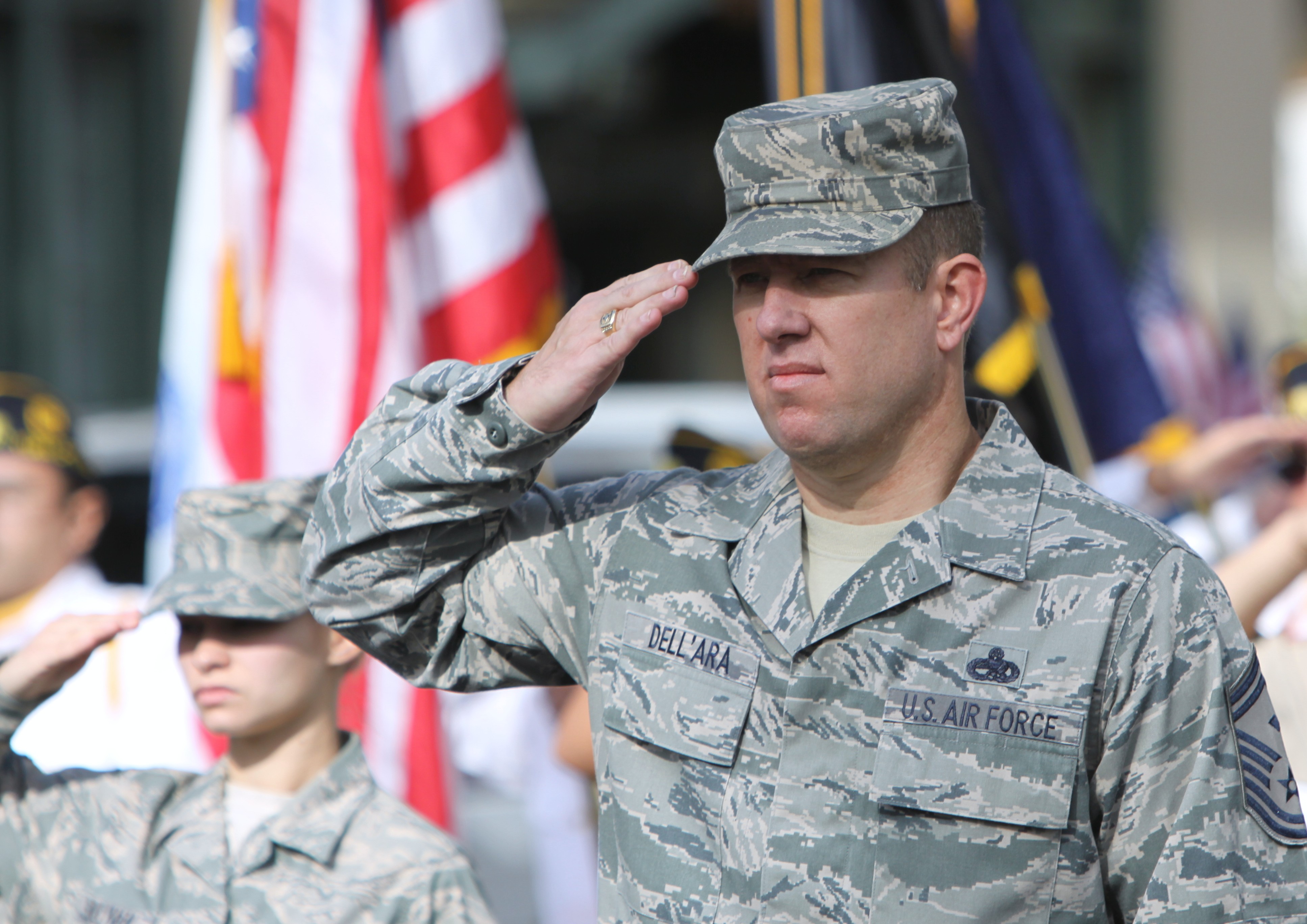 First Sergeant Dell'ara salutes Yuba Sutter Veterans Day Parade