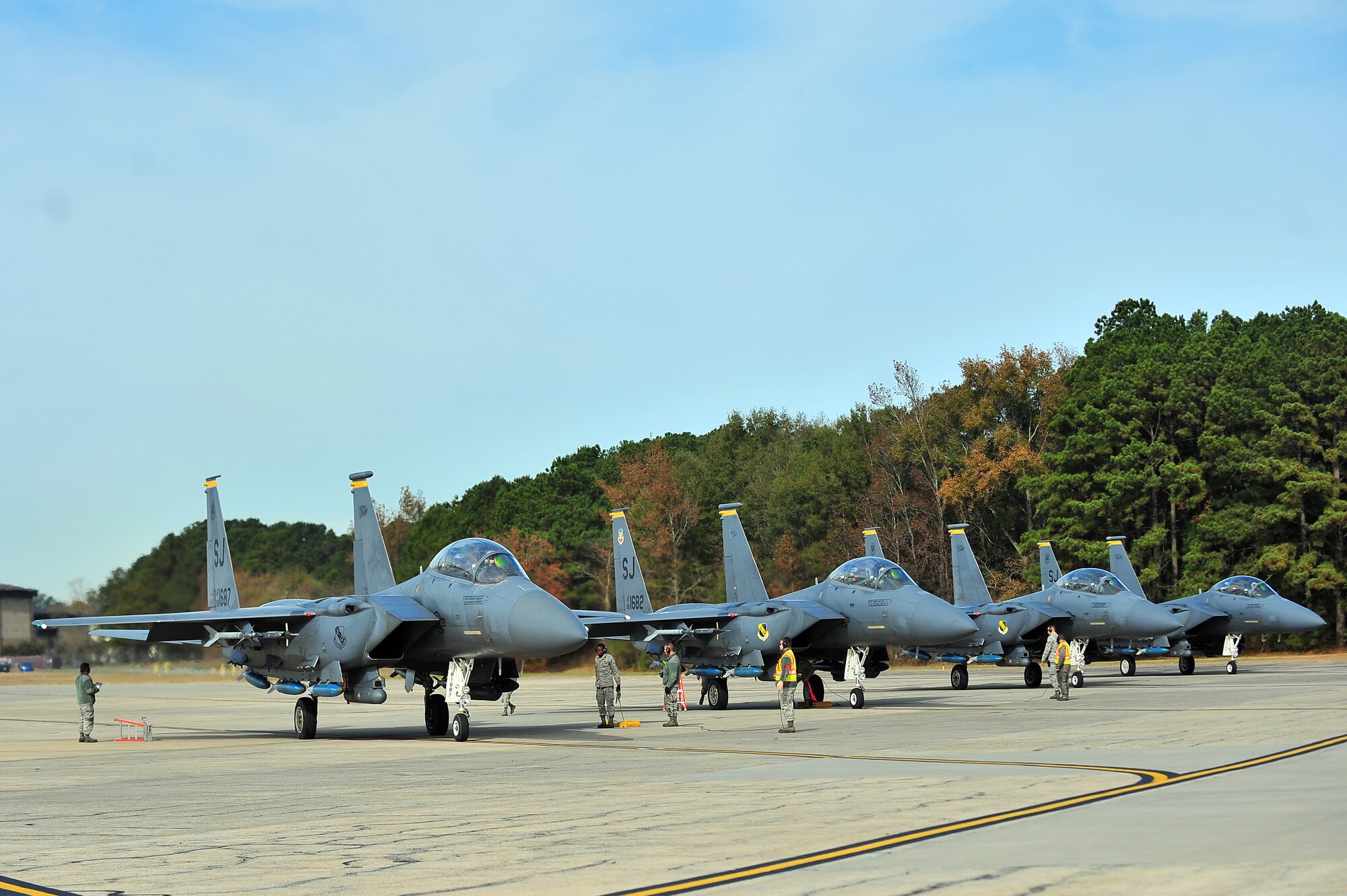 F-15E Strike Eagle aircraft prepare for take-off at Seymour Johnson Air Force Base, N.C, during Exercise RAZOR TALON, Nov. 15, 2013. RAZOR TALON, a monthly joint-force exercise that combines resources from multiple installations across the East Coast, allows units to keep-up-to-date on air-sea training. (U.S. Air Force photo by Tech. Sgt. Brittany E. Jones)
