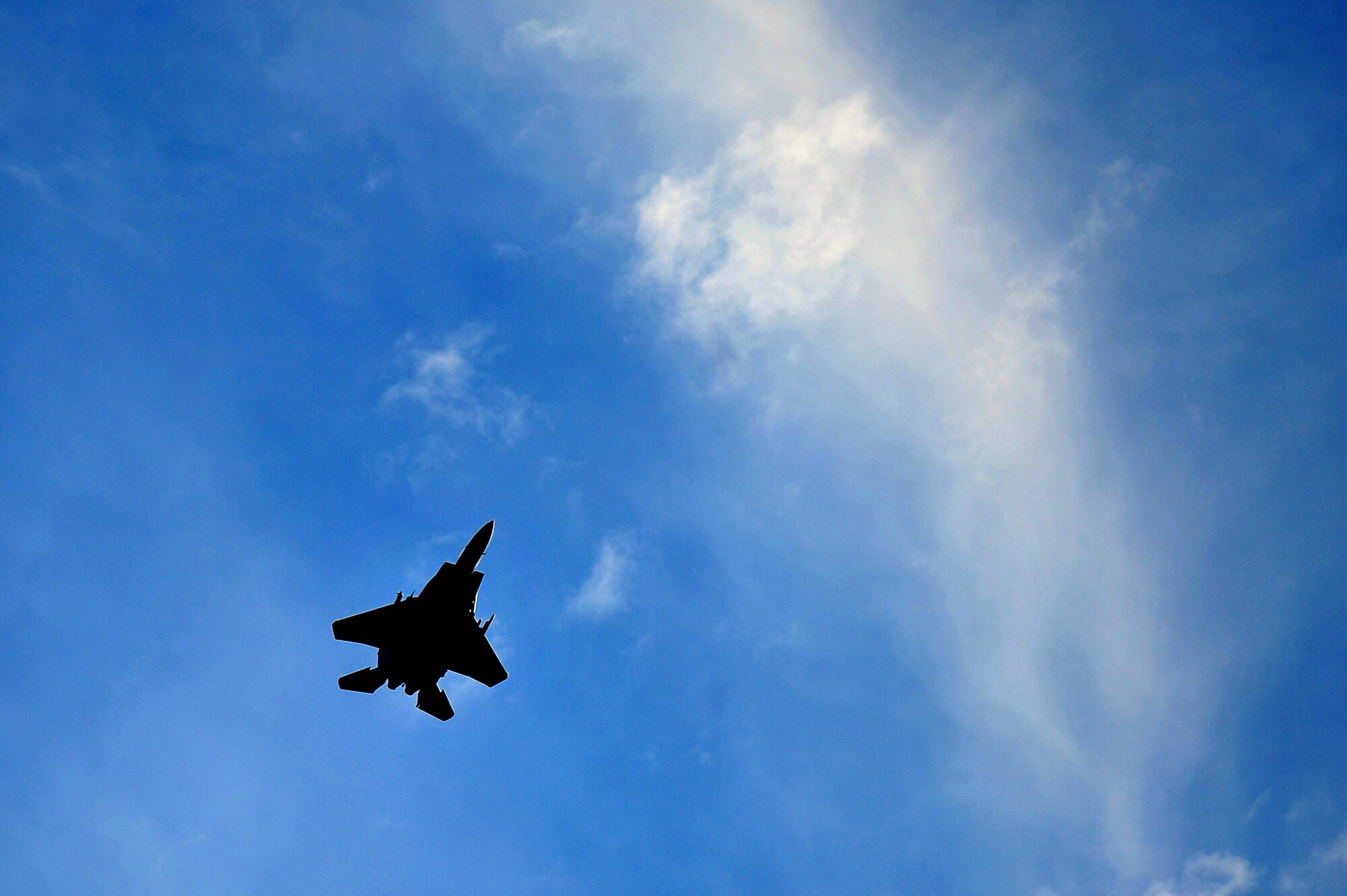 An F-15E Strike Eagle flies over Seymour Johnson Air Force Base, N.C, during Exercise RAZOR TALON, Nov. 15, 2013. The joint-exercise tested the airpower capabilities of different aircraft including F-22s, F-15s, F-16s and KC-135s. (U.S. Air Force photo by Tech. Sgt. Brittany E. Jones)