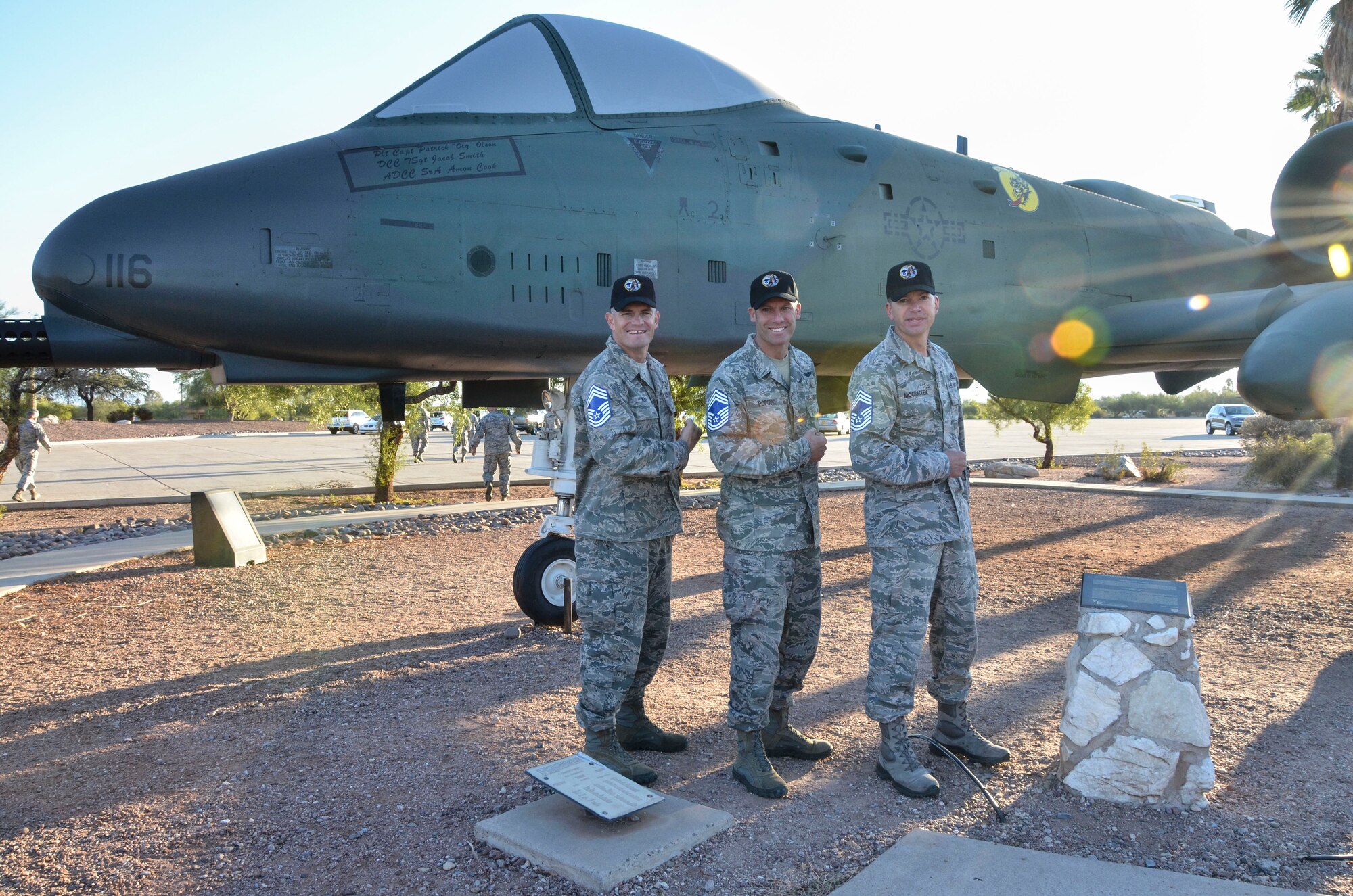 Senior Master Sgt’s. Kevin Wendt, Todd Popovic and Brett McCracken pose for a photo after being congratulated by both NAF and Wing leadership for their selection to the rank of Chief Master Sergeant at Davis-Monthan AFB, Ariz., Nov. 14, 2013. The rank of Chief Master Sergeant is the highest Air Force enlisted rank and only one percent of Air Force enlisted personnel can hold the grade of E9. Chief Master Sergeants must also exemplify the finest qualities of an Airman, while striving to further develop their leadership and management skills. (U.S. Air Force photo by Staff Sgt. Adam Grant/released)