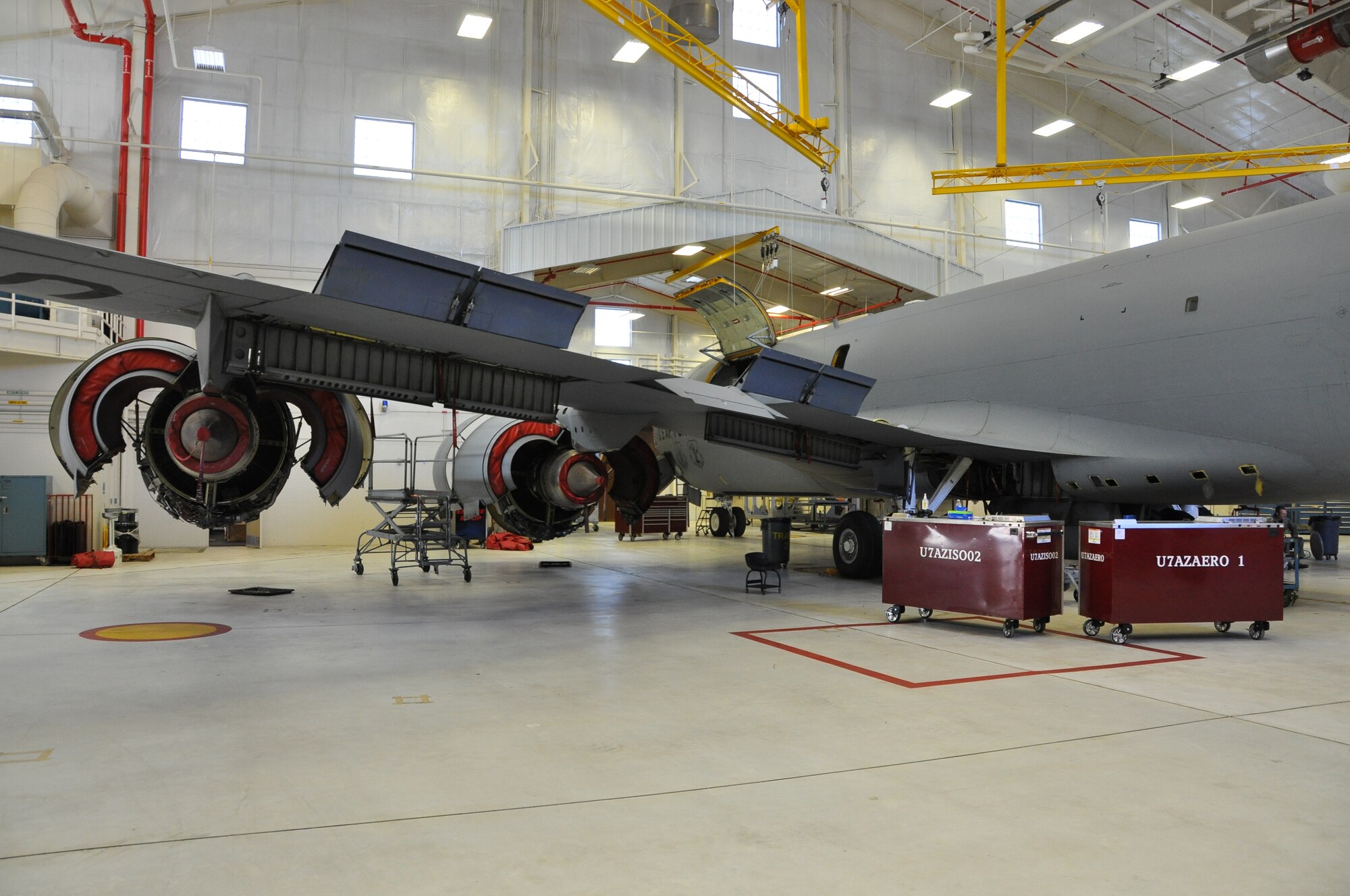 A KC-135R Stratotanker get opened up and prepped for an Isochronal Inspection in early November.  Members from the 507th Maintenance group begin the process of the indepth inspection set to last through late November.  