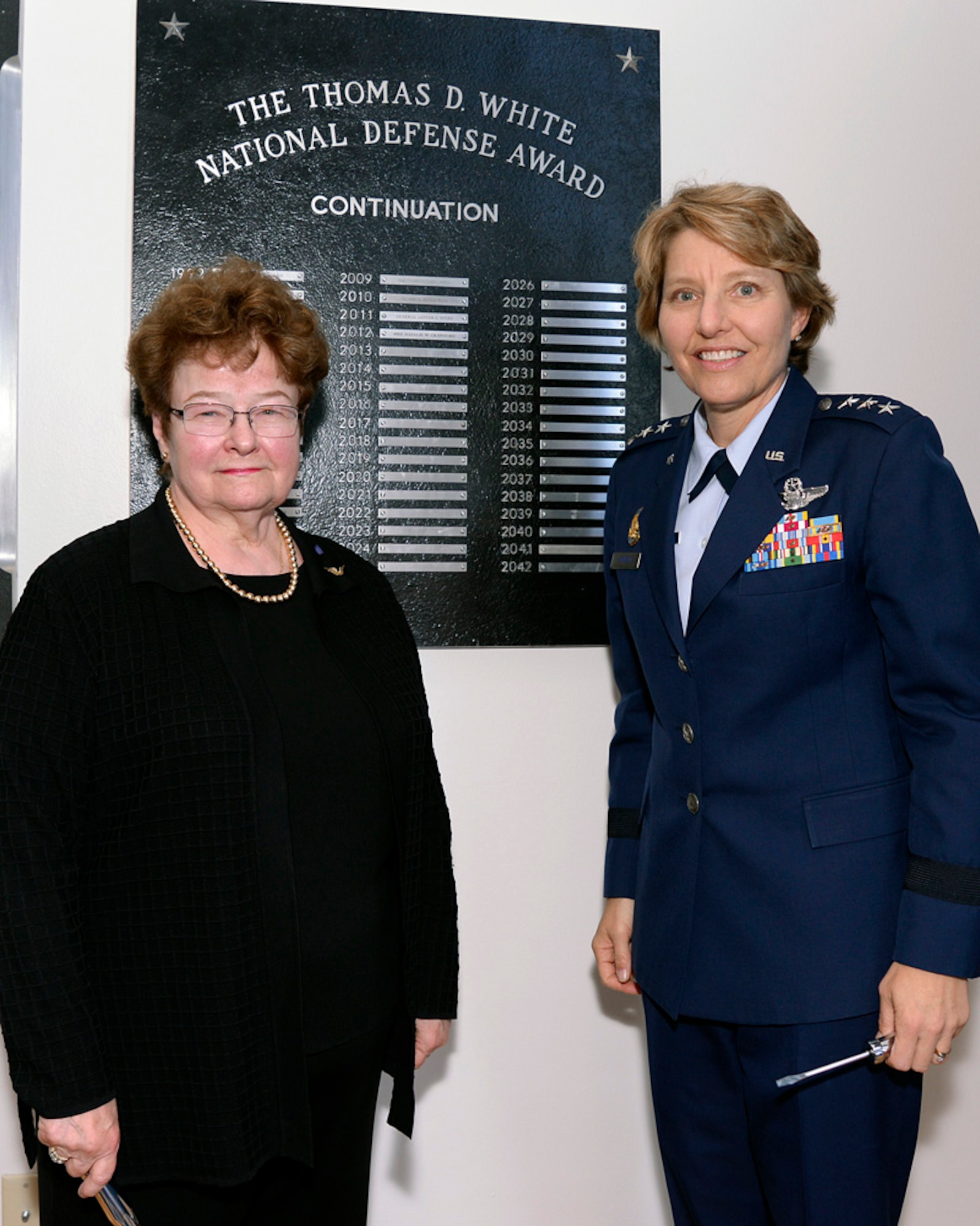 RAND Corporation official and longtime Academy supporter Natalie Crawford (left), stands with Academy Superintendent Lt. Gen. Michelle D. Johnson in Arnold Hall, Nov. 1. Crawford is the recipient of the U.S. Air Force Academy 2012 Thomas D. White National Defense Award, given annually to a U.S. Citizen who had significantly contributed to national security. Other award winner include actor Bob Hope and the Air Force's first chief of staff, Gen. Carl Spaatz. 