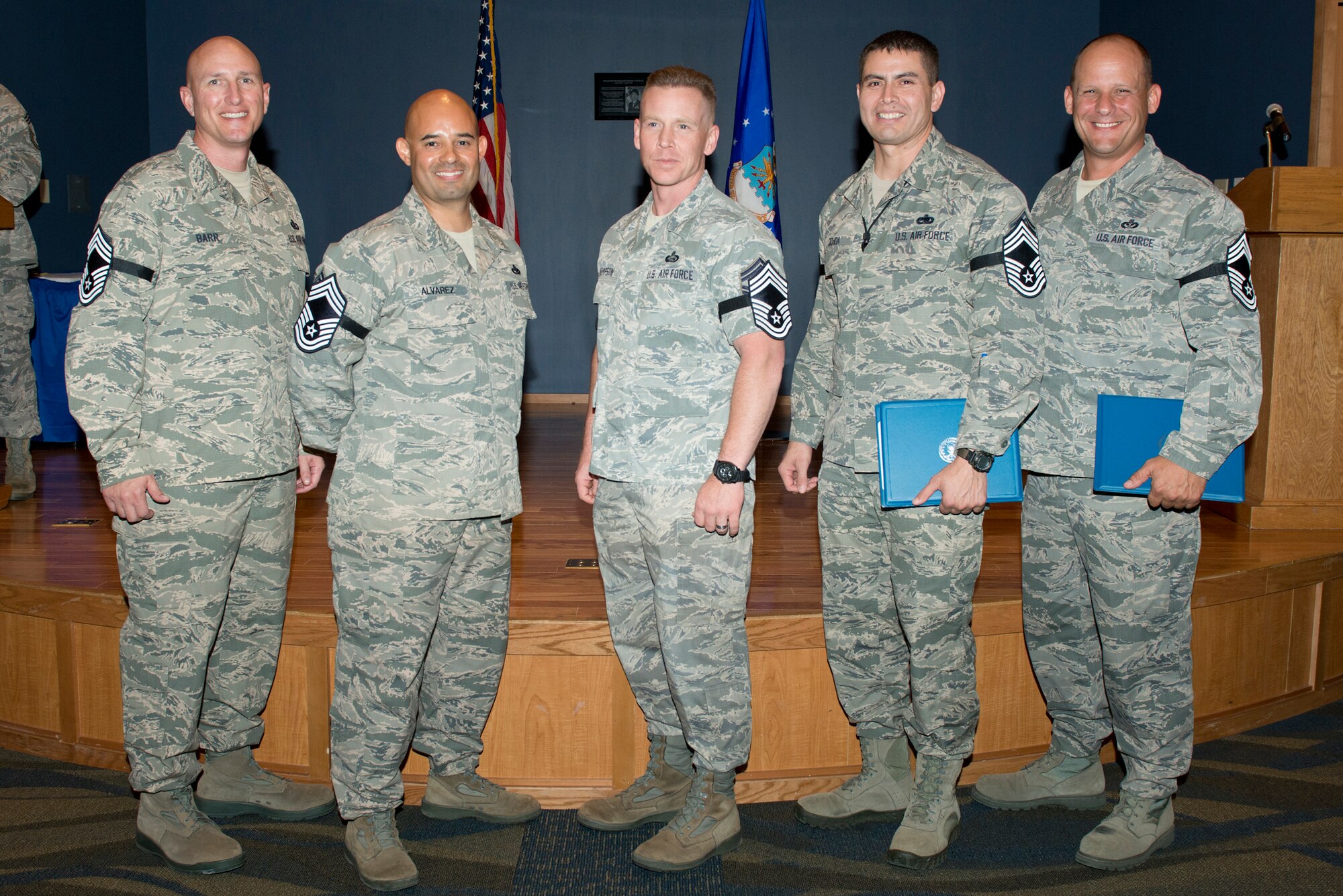 Five Senior Master Sergeants from Tyndall pose at their promotion party in the Horizons Ball Room Nov. 14. They join the ranks of close to 40 Team Tyndall Chiefs. (U.S. Air Force photo by Lisa Norman)
