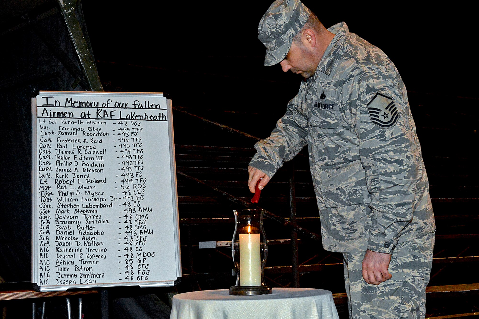 Master Sgt. Jonathan Lynch, 48th Logistics Readiness Squadron Individual Protective Equipment flight chief, lights a ceremonial candle to initiate the 24-hour Veterans Day vigil run at the Royal Air Force Lakenheath, England, track Nov. 14, 2013. More than XXX Airmen from the 48th Fighter Wing ran laps in honor of fallen and current veterans. (U.S. Air Force photo by Airman 1st Class Trevor T. McBride)    
