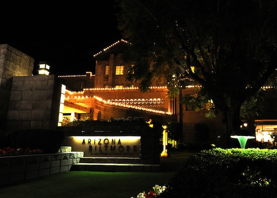 The Arizona Biltmore serves as a backdrop for the “Carnival of Illusion” show by Sarlot and Eyed. The hotel was designed by Albert Chase McArthur who studied under Frank Lloyd Wright and plays host to celebrities, heads of state and captains of industry.  (U.S. Air Force photo/Staff Sgt. Nestor Cruz)
