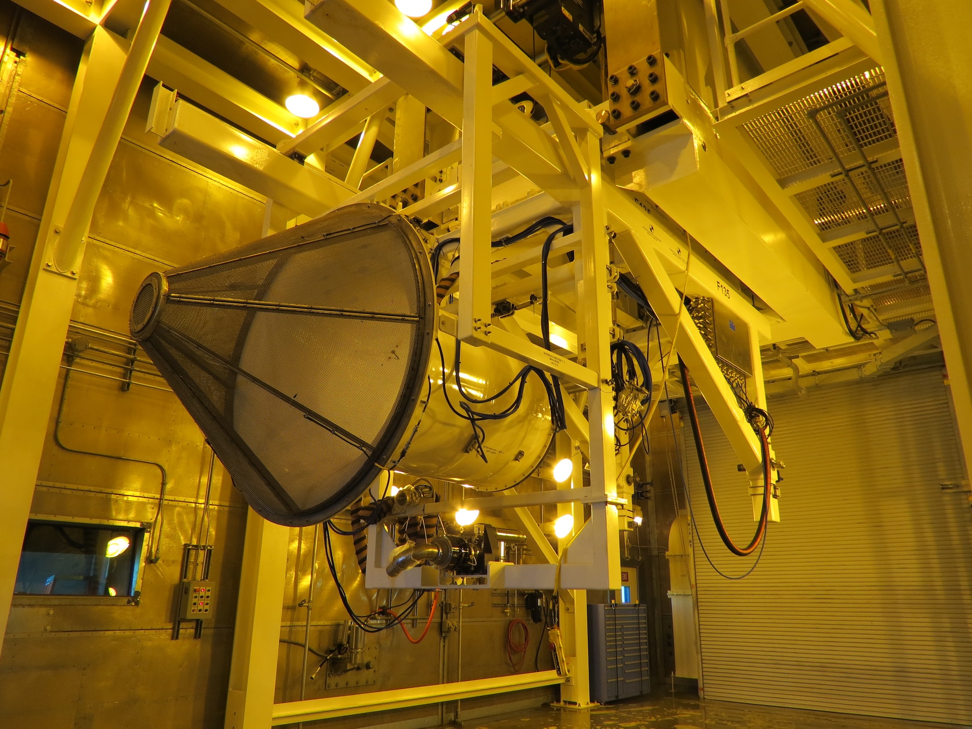 The F135 Engine Test Adapter hanging in the “Cannon” T-9 test cell near Bldg. 9001. The Engine Test Adapter is what the F135 engine is mounted to and contains additional Pacer Comet 4 data acquisition equipment. (Courtesy photo)