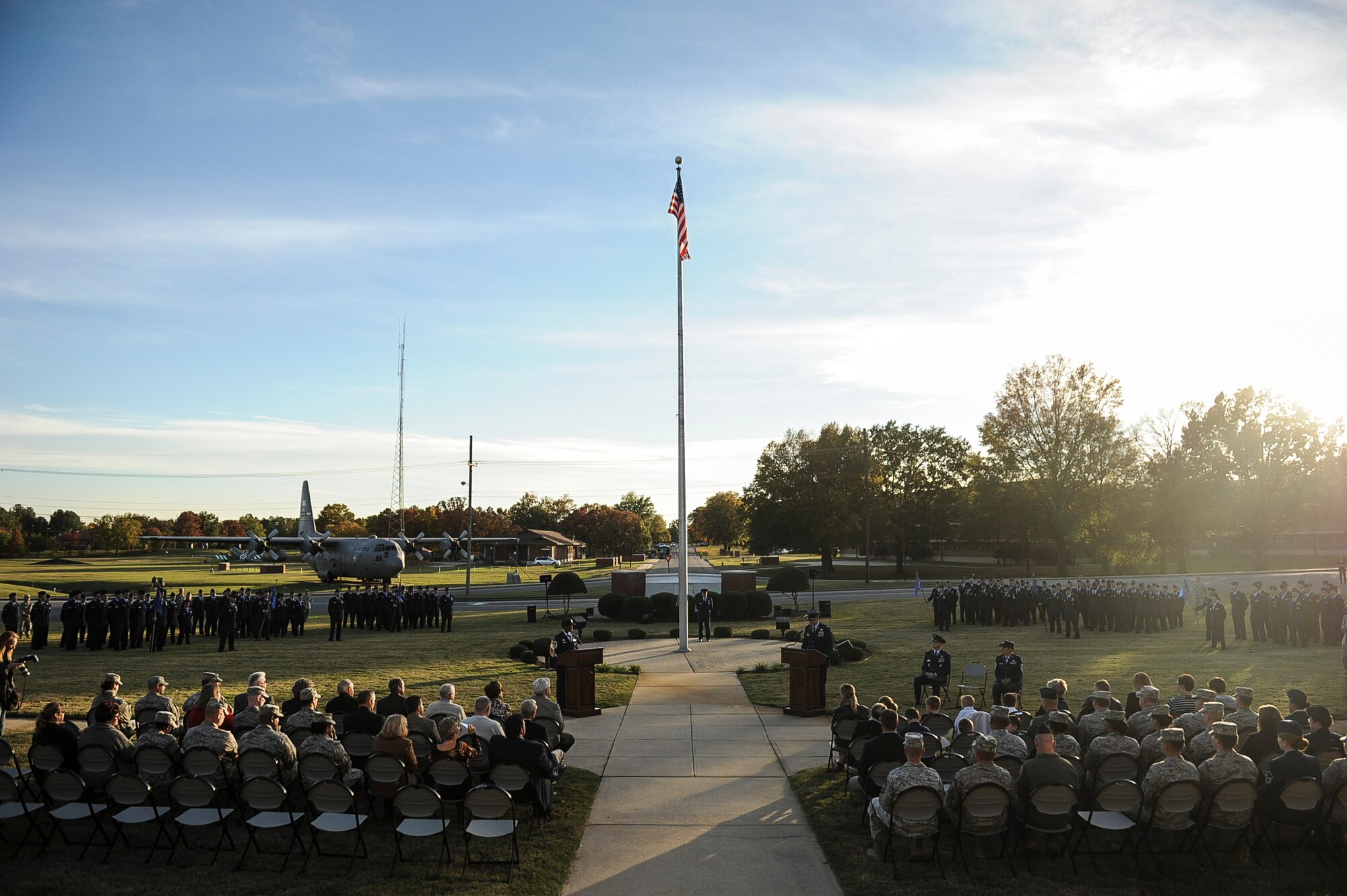 Col. Scott Brewer, 314th Airlift Wing commander, speaks during the Veterans Day Retreat Ceremony Nov. 8, 2013, at Little Rock Air Force Base, Ark. Veterans Day is observed Nov. 11 and was originally known as Armistice Day or Remembrance Day. (U.S. Air Force photo by Airman 1st Class Cliffton Dolezal)