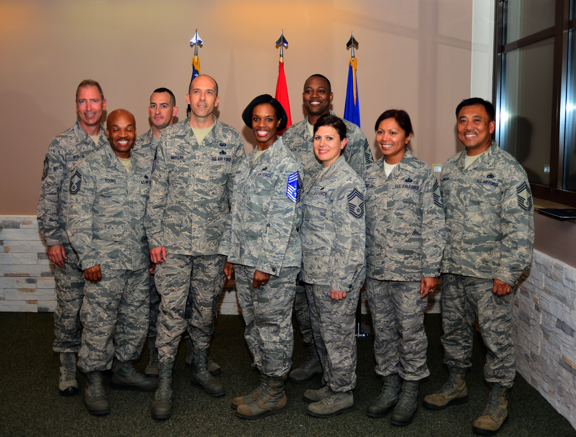 Incirlik’s chief master sergeants stand with three senior master sergeants who were selected for promotion to chief master sergeant during a recognition ceremony Nov. 14, 2013, at Incirlik Air Base, Turkey. The three senior master sergeants were among 400 selected during the testing cycle out of an eligible 2,023. (U.S. Air Force photo by Staff Sgt. Eric Summers Jr./Released)