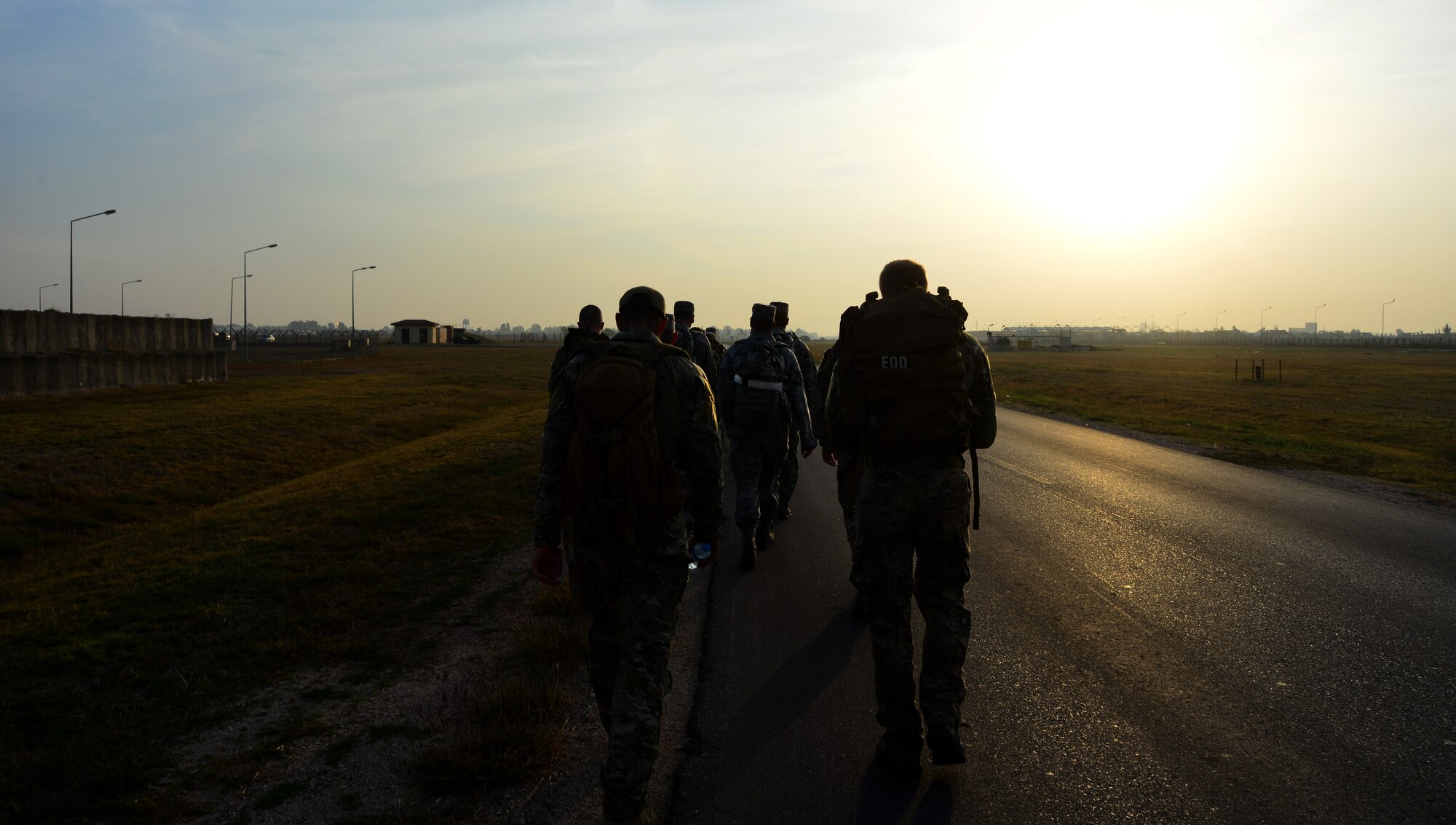 The 39th Civil Engineer Squadron Explosive Ordinance Disposal Flight, along with 39th Air Base Wing leadership, participate in a ruck march to mark the beginning of EOD Safety Day, Nov. 12, 2013, at Incirlik Air Base, Turkey. EOD Safety Day this year focused on balance and maintaining the four pillars of Comprehensive Airmen Fitness physical, mental, social and spiritual wellbeing. (U.S. Air Force photo by Staff Sgt. Eric Summers Jr./Released)