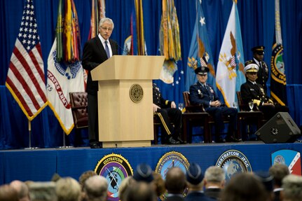 Secretary of Defense Chuck Hagel speaks at the Strategic Command change of command ceremony at Offutt Air Force Base, Omaha, Nebraska Nov. 15, 2013. Hagel spoke at the change of command where General Robert Kehler relinquished command to Admiral Cecil Haney. Photo by Erin A. Kirk-Cuomo (Released)
