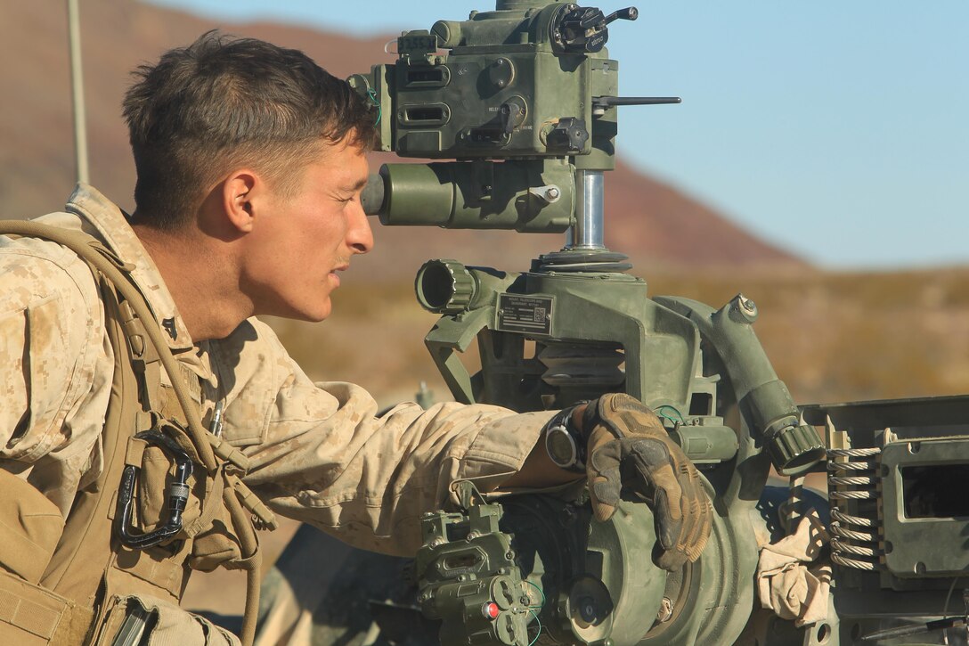 A Marine with I Battery, 3/12, 1st Battalion, 11th Marines, 11th Marine Regiment, 1st Marine Division (Reinforced), observes a firing position during an artillery suppression support exercise in support of the Integrated Training Exercise aboard the Combat Center Nov. 13, 2013. (Official Marine Corps photo by Lance Cpl. Paul S. Martinez/Released)