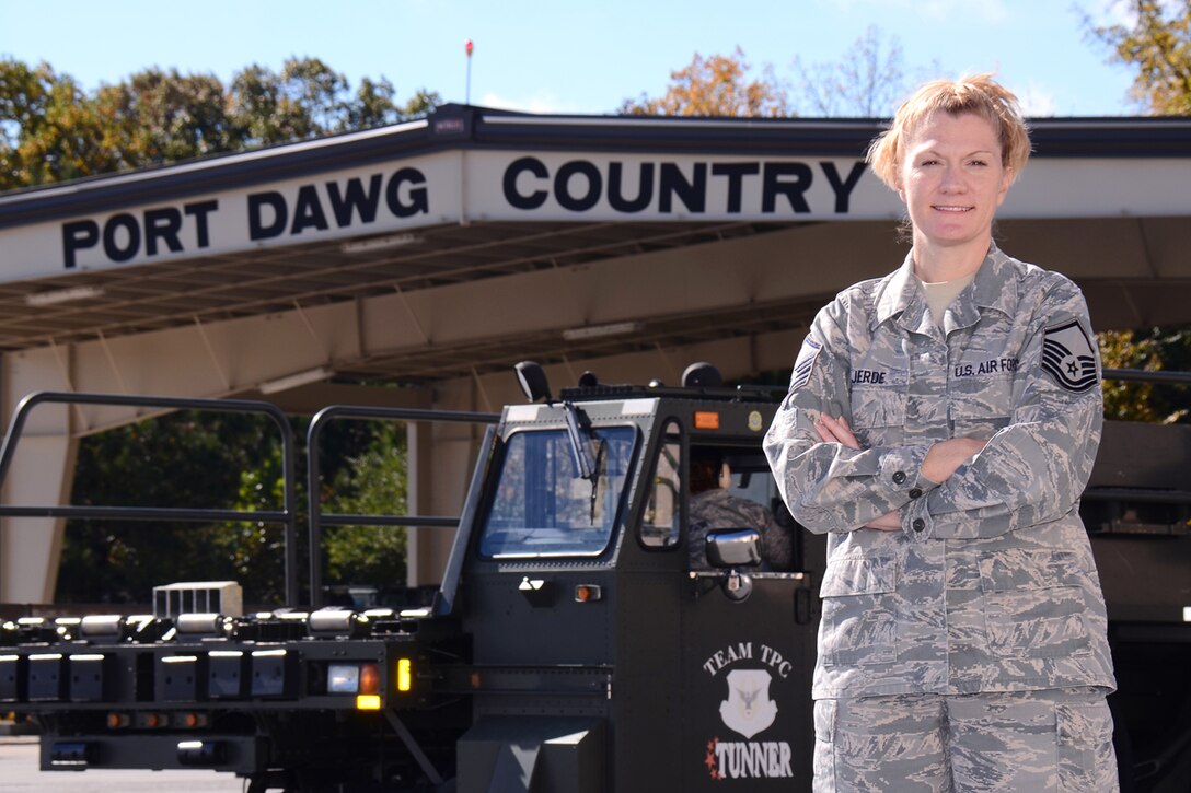 Master Sgt. Christine Jerde is an Air Transportation Instructor at the Transportation Proficiency Center, Dobbins Air Reserve Base, Ga. She strives to provide quality instruction to air transportation personnel in a fun and relaxed atmosphere. (U.S. Air Force photo/Brad Fallin)