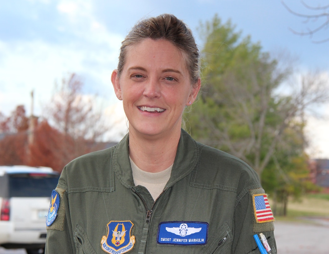 Senior Master Sgt. Jennifer Marhulik, flight attendant with the 73rd Airlift Squadron, attended her last unit training assembly with the 932nd Airlift Wing this weekend.  "Everybody's been wonderful and I'm better because of all the people I've gotten to meet and work with since I've been here," said the Air Force Reserve Command member.  (U.S. Air Force photo/Staff Sgt. Meiko Schill).