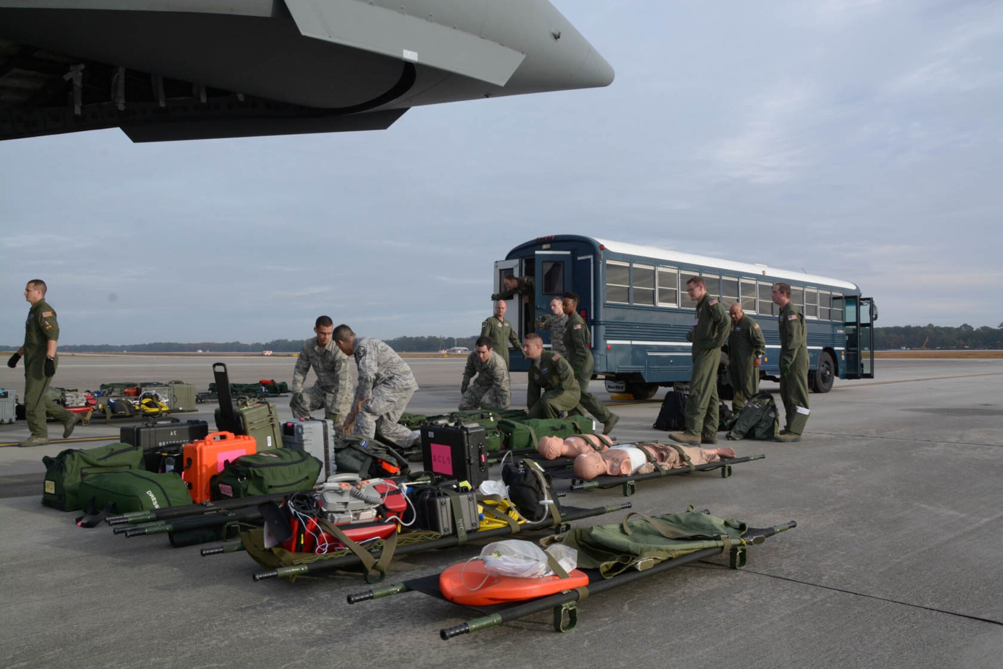 Members of the 315th Aeromedical Evacuation Squadron prepare to load a C-17 Globemaster III aircraft Nov. 17, 2013 during a routine training flight at Joint Base Charleston, S.C. (U.S. Air Force Photo by Tech. Sgt. Shane Ellis/released)