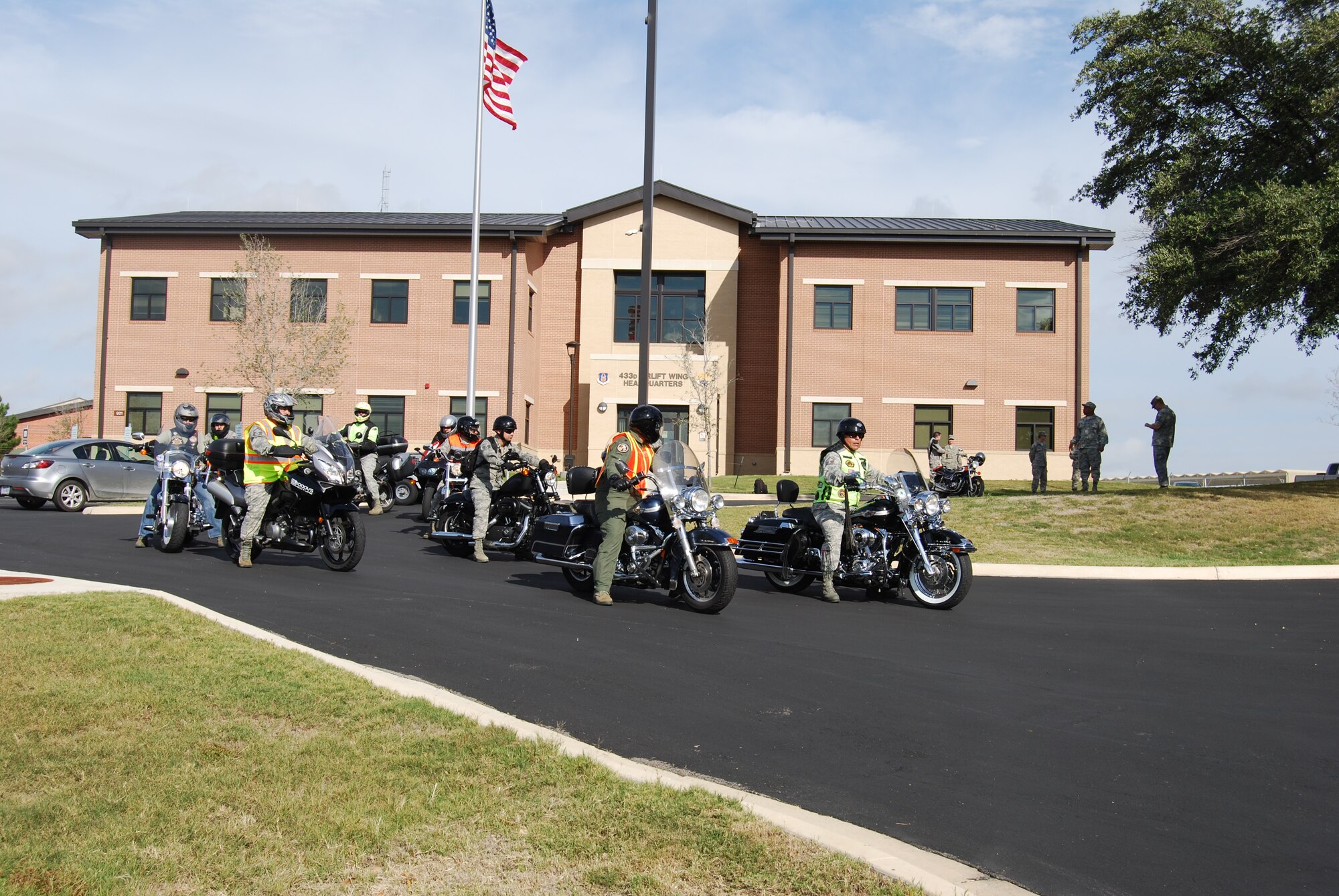 Over 10 433rd Airlift Wing motorcycle riders prepare to depart Joint Base San Antonio-Lackland for a ride to Bandera, Texas on Nov. 16, 2013 after receiving their annual safety briefing. (U.S. Air Force Photo/Capt. Philip Cortez)