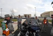 Col. Jeffrey T. Pennington, 433rd Airlift Wing commander, conducts the annual Commander Motorycle Safety briefing prior to riders departing Joint Base San Antonio-Lackland for a ride to Bandera, Texas  on Nov. 16, 2013. (U.S. Air Force Photo/Capt. Philip Cortez)