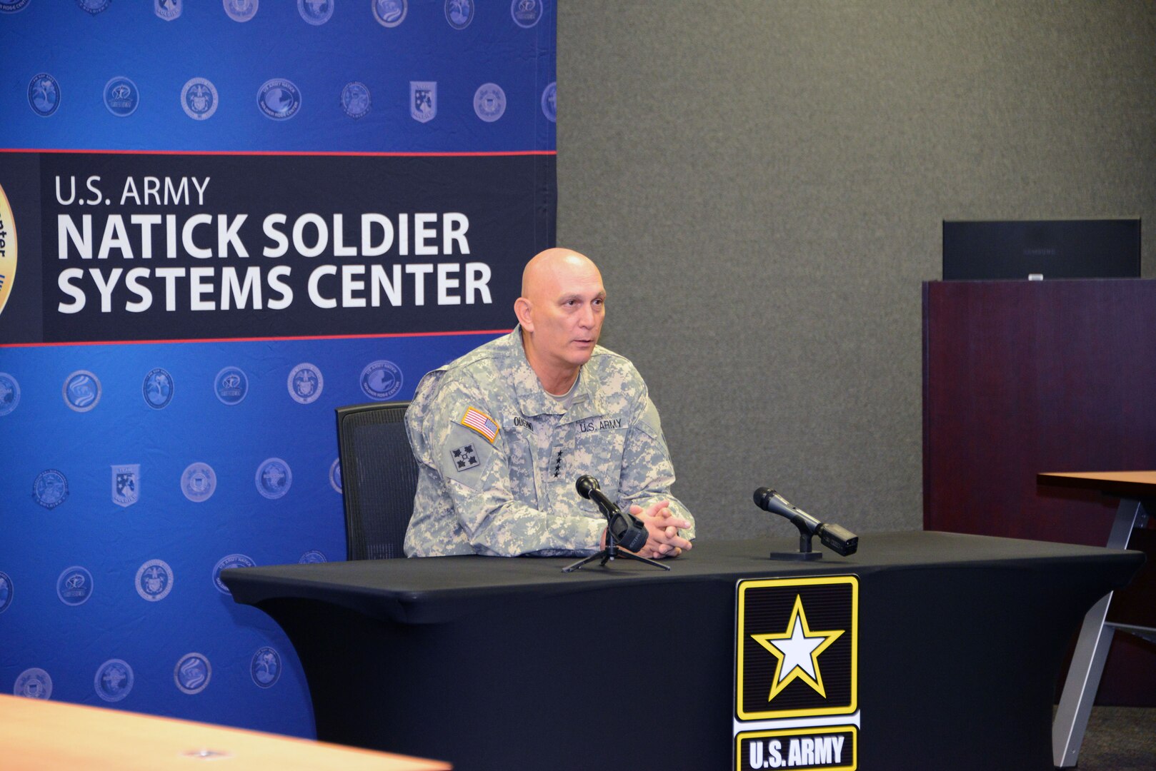 Gen. Raymond T. Odierno speaks to reporters during a press conference at the U.S. Army Natick Soldier System Center, here Nov. 15, 2013.
