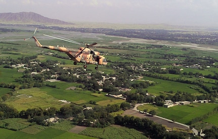 An Afghan Mi-17 helicopter begins a resupply mission to a remote Afghan base in eastern Afghanistan, Aug. 5, 2013. The Afghan Air Force, with about 60 Mi-17 helicopters, took over the resupply mission of Afghan bases in the spring of 2013.
