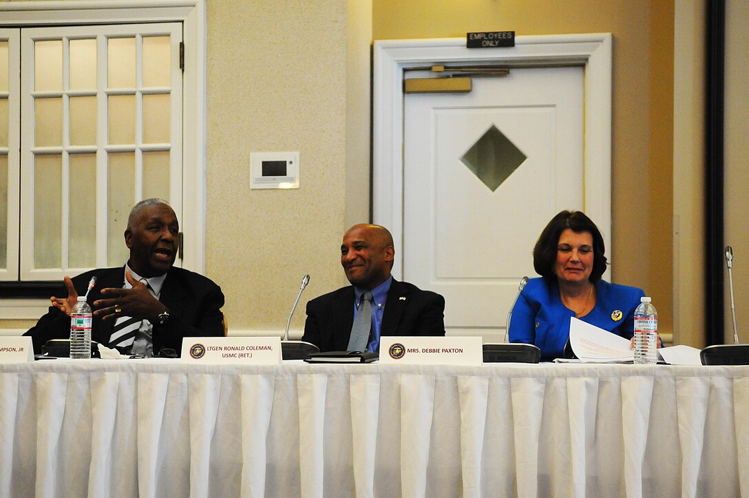 From left, retired Georgetown Hoyas Coach John Thompson, retired Lt. Gen. Ronald Coleman and Debbie Paxton, mental health advisor to the Wounded Warrior Regiment talk about lessons in leadership at the Leadership Roundtable at the Clubs at Quantico on Nov. 14, 2013. 