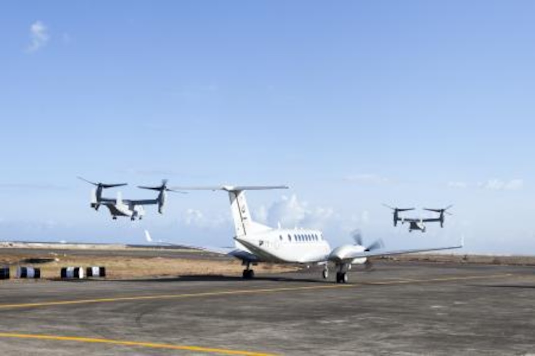 Two MV-22 Ospreys with Marine Medium Tiltrotor Squadron 262, 1st Marine Air Wing, take off after delivering relief supplies at Tacloban Air Field here, Nov. 15. The Ospreys of VMM-262 provide unique capabilities to the delivering of supplies to remote locations, being able to insert vertically on nearly any terrain, carrying more cargo and travelling faster than the helicopters utilized for supply delivery. There are currently eight VMM-262 Ospreys aiding in the delivering of supplies, which is to date more than 623,000 pounds of relief aid. The 3rd MEB is currently supporting the Armed Forces of the Philippines in providing humanitarian aid and disaster relief to areas affected by Super Typhoon Haiyan/Yolanda.