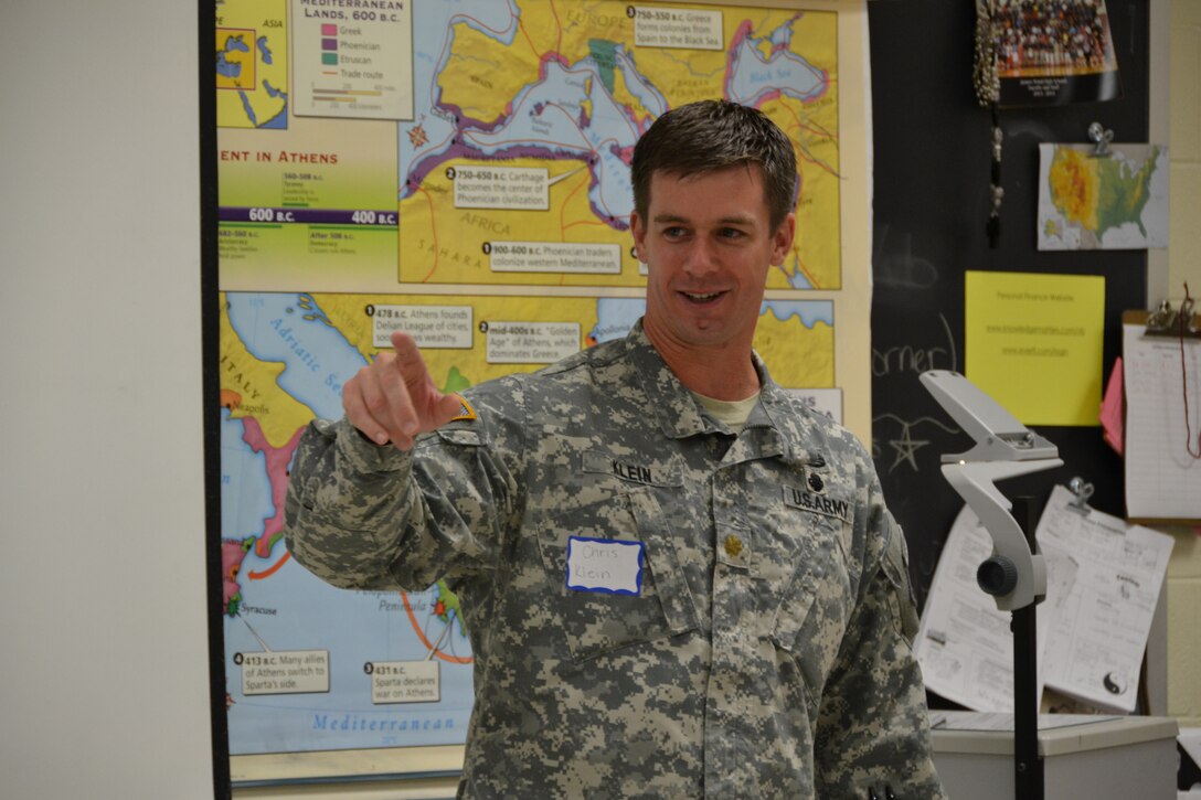 Maj. Chris Klein responds to a student’s comment during the career fair presentation. 