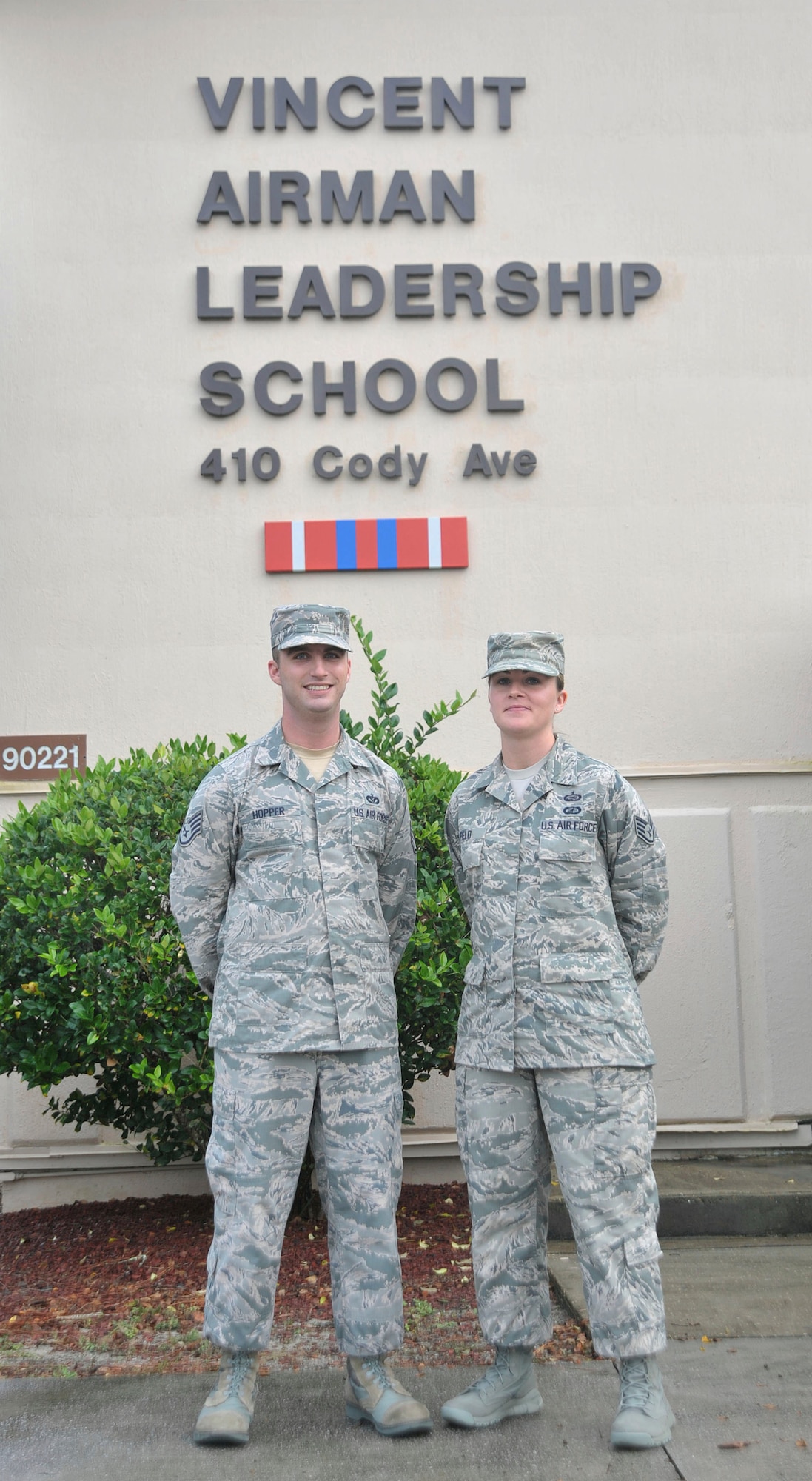 Staff Sgt. Kody Hopper and Staff Sgt. Cristen Field, Vincent Airman Leadership School instructors, pose for a photo at Hurlburt Field, Fla., Nov. 18, 2013. (U.S. Air Force photo/Airman 1st Class Andrea Posey)