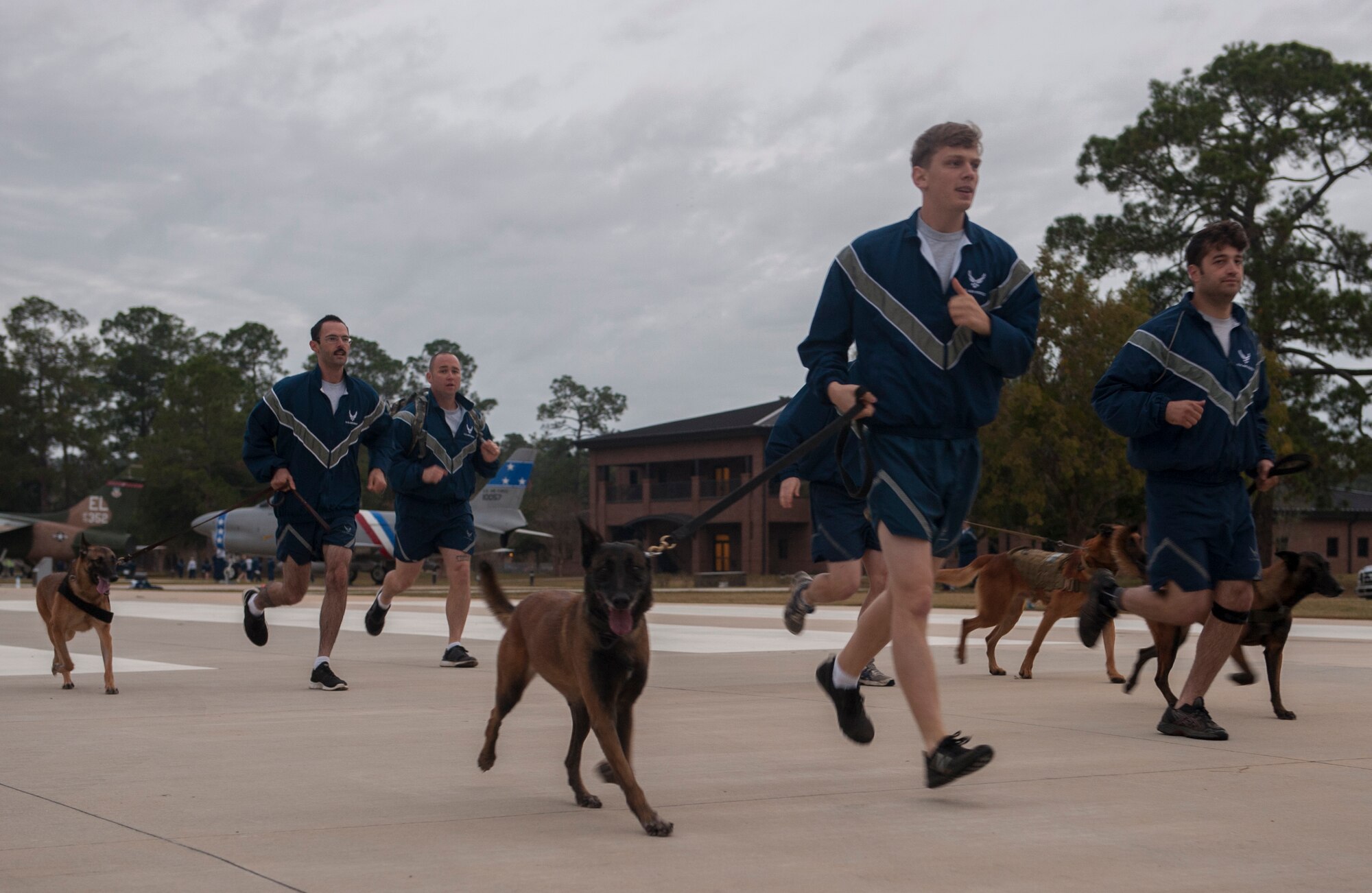 U.S. Air Force Airmen run with their K-9 companions during a Comprehensive Airman Fitness (CAF) Day at Moody Air Force Base, Ga., Nov. 15, 2013. CAF Day is made up of four different pillars: mental, physical, spiritual and social to help Airmen stay resilient. (U.S. Air Force photo by Airman 1st Class Alexis Grotz/Released)